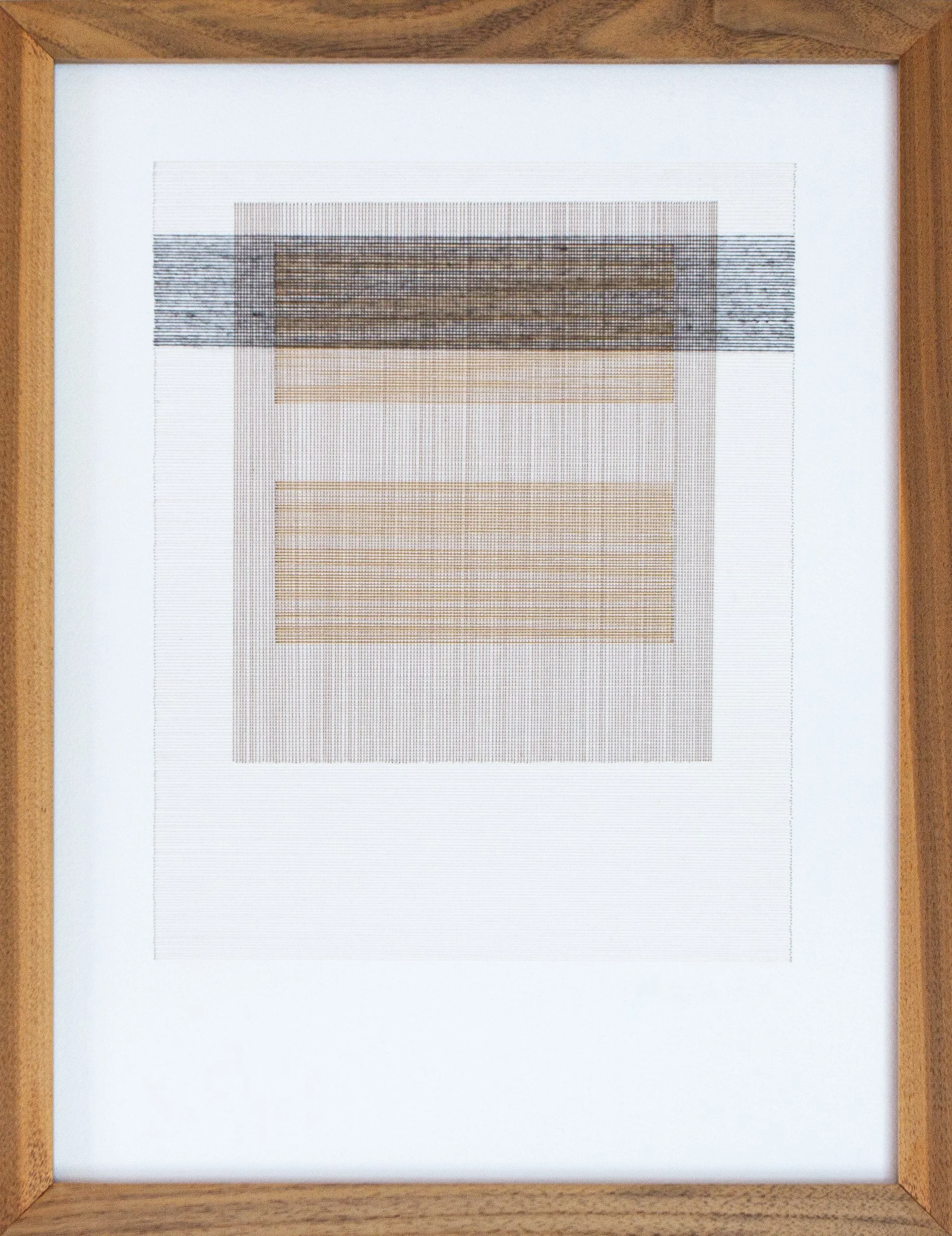 Byrdie by Rebecca Messier — An abstract geometric artwork with horizontal and vertical lines in shades of beige, brown, gray, and black, framed in walnut.