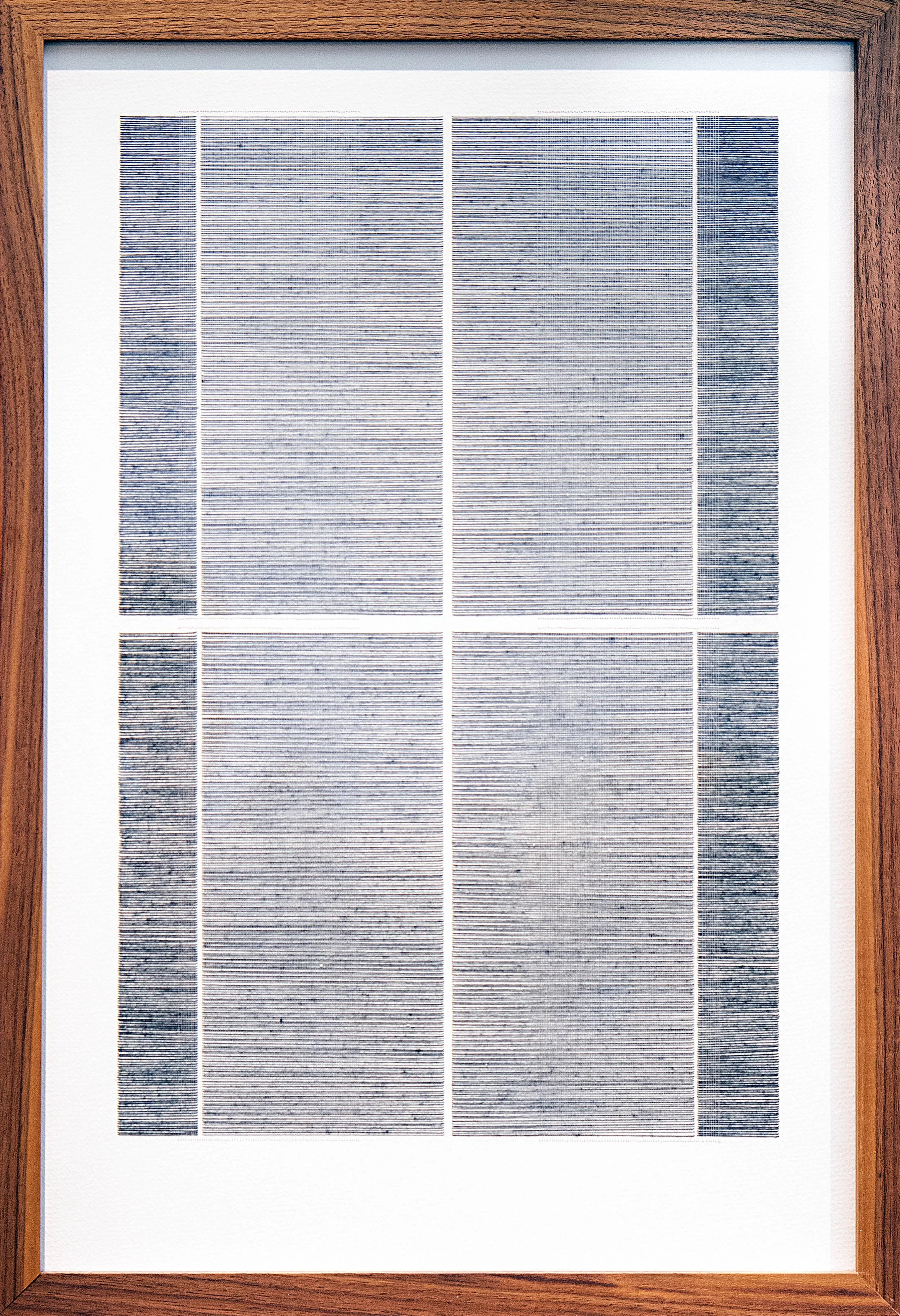 Blue Triptych by Rebecca Messier — A framed piece of contemporary art featuring a grid of layered blue stitches, creating an abstract pattern on paper in a walnut frame.