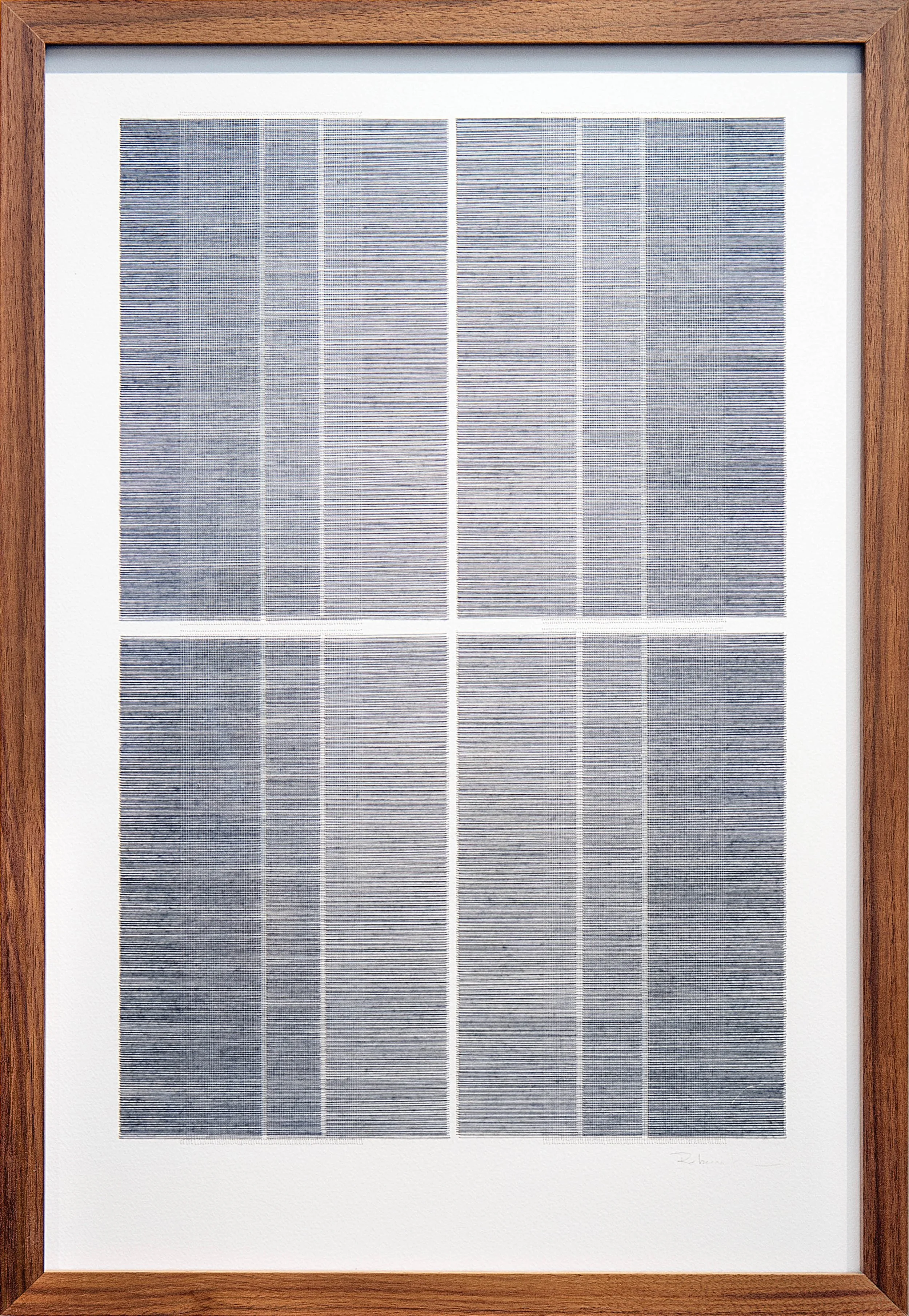 Blue Triptych by Rebecca Messier — A framed piece of contemporary art featuring a grid of layered blue stitches, creating an abstract pattern on paper.