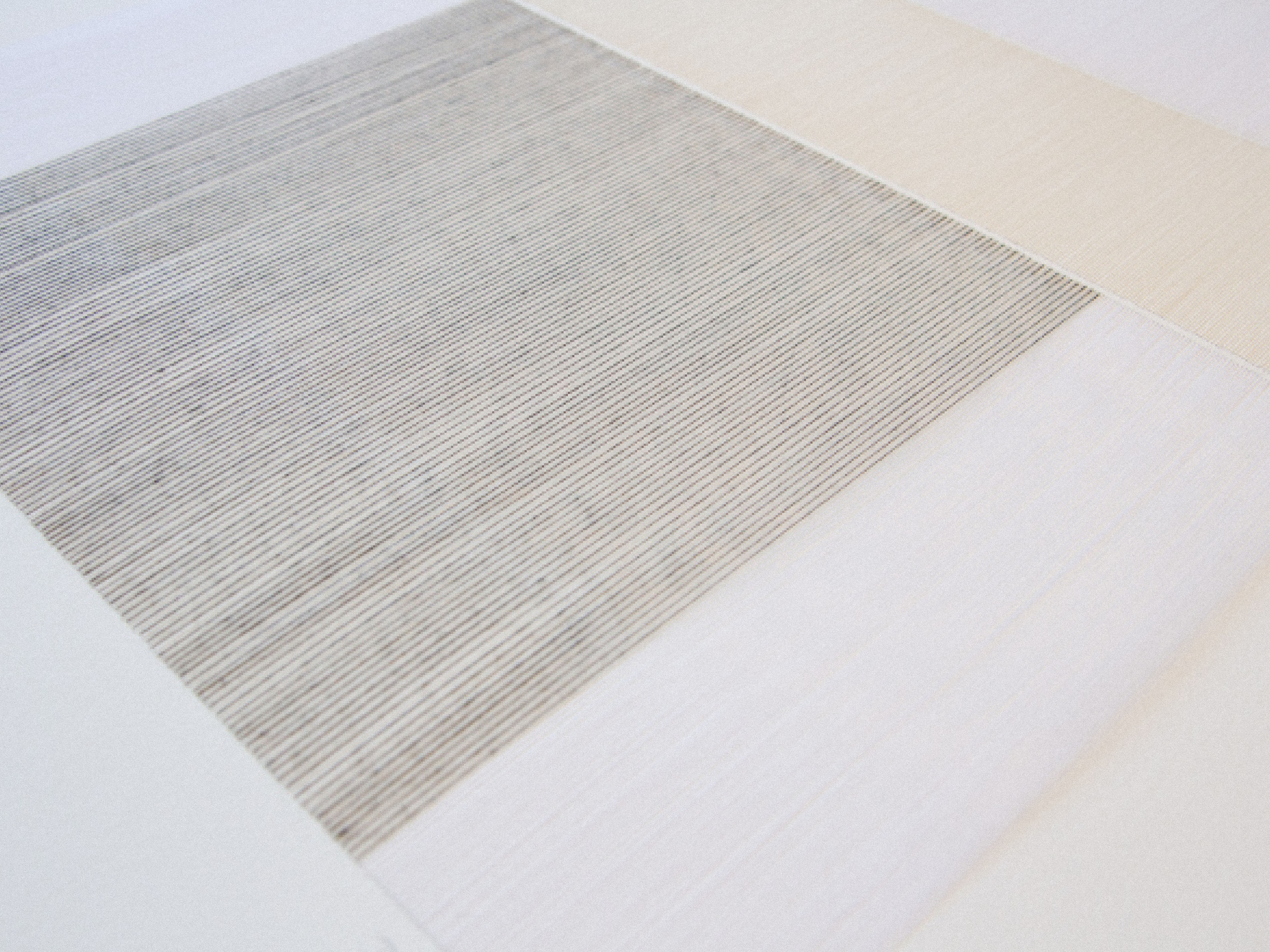 Minimal abstract textile-inspired artwork with layered stitched forms on paper by Rebecca Messier.