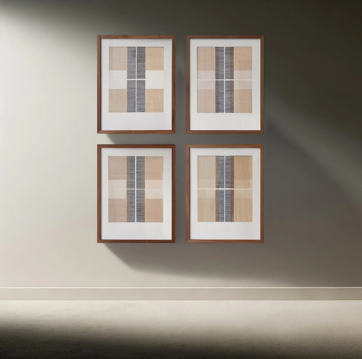 Quartet — Four framed hand-stitched contemporary artworks on paper by Rebecca Messier featuring layered textile-inspired textures in neutral tones, arranged in a 2x2 grid.