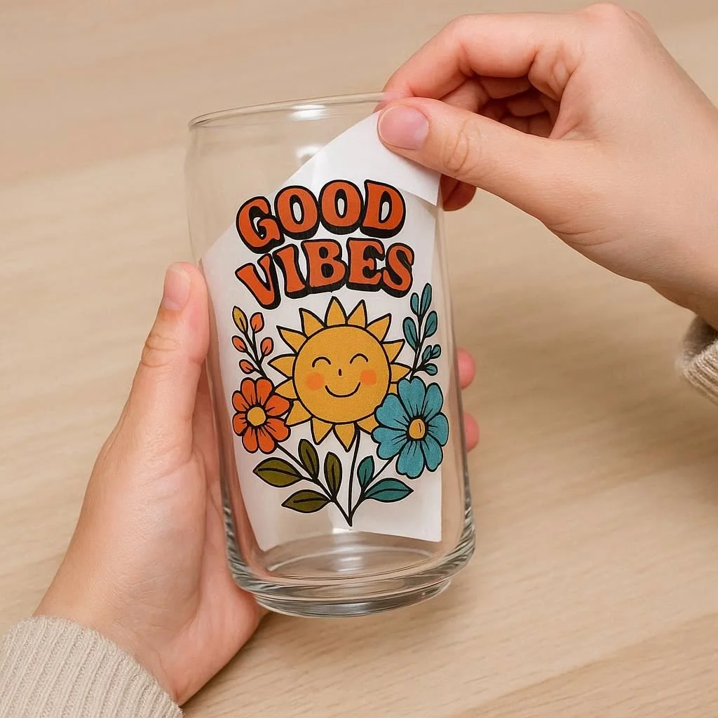 A person is peeling a sticker from a glass tumbler. The sticker has a cheerful smiling sun surrounded by colorful flowers and the words 'Good Vibes' in bold orange and black letters.