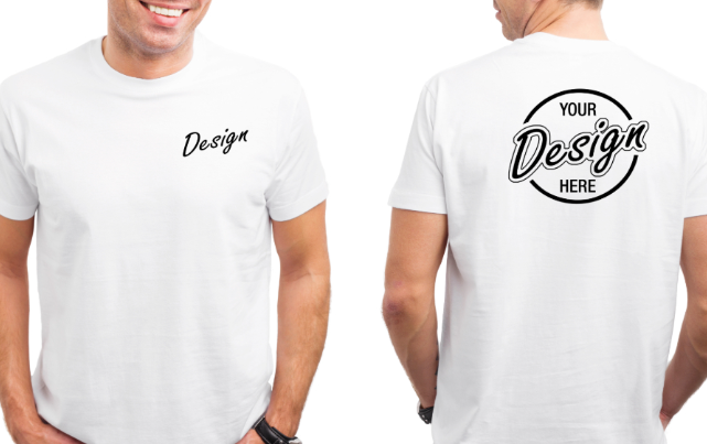 White T-shirt with 'Design' logo on front and custom 'Your Design Here' logo on back