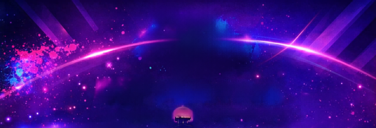 A vibrant digital artwork depicting outer space with bright pink, blue, and purple hues, featuring stars, light streaks, and a small silhouetted spaceship at the bottom center.