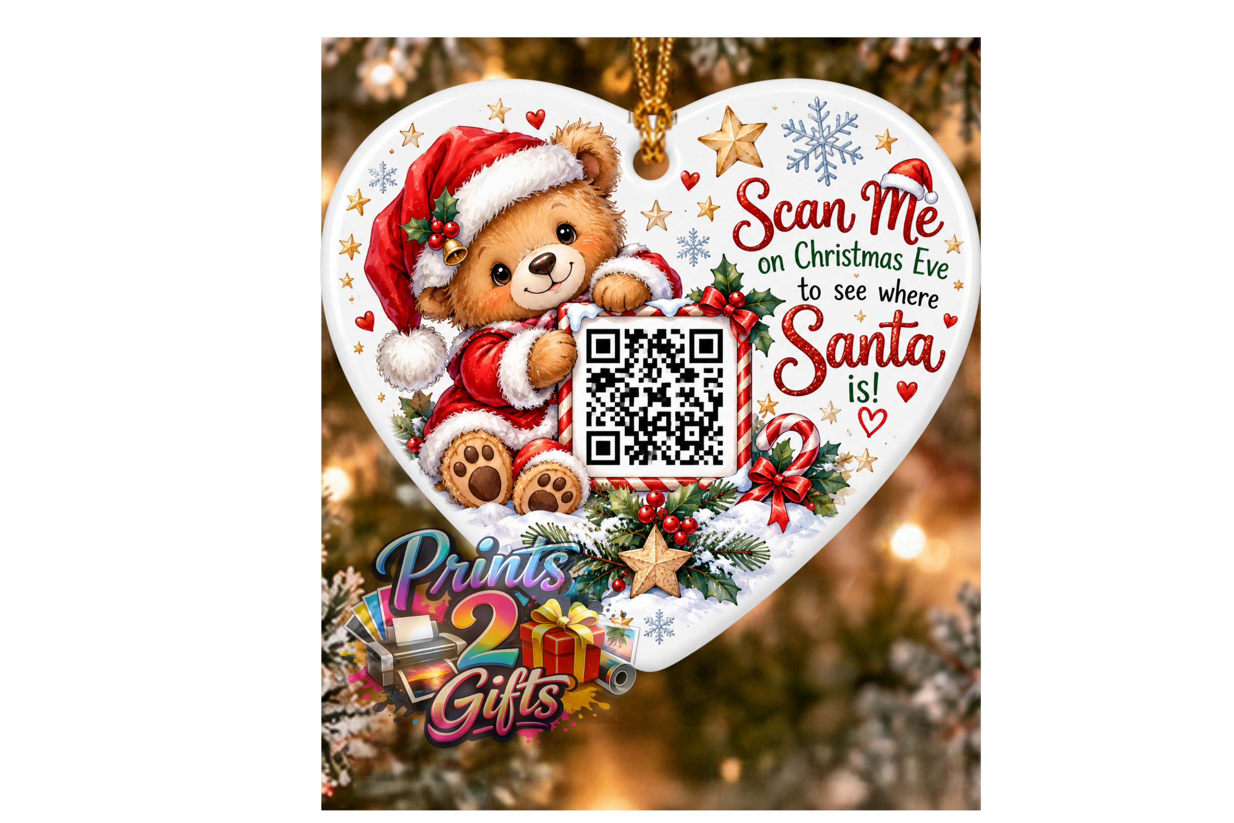 Santa Tracker QR Code Christmas Ornament – Teddy Bear Design | UV DTF Sticker or Ceramic Heart