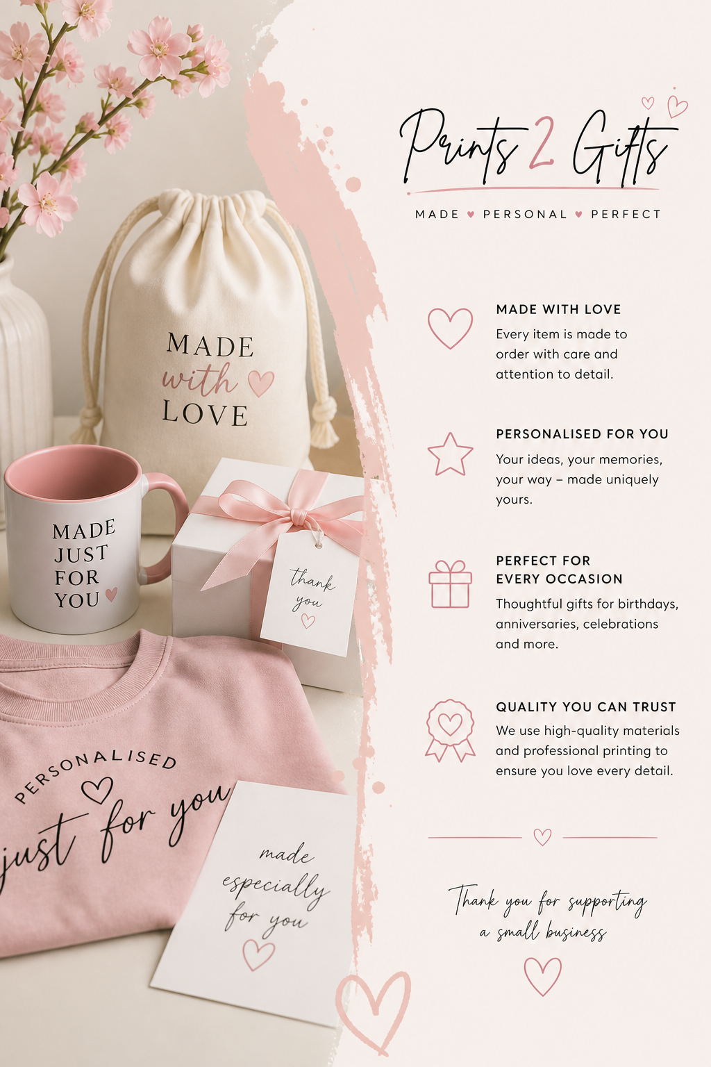 A promotional display for personalized gift items with pink and white packaging, including a tote bag, mug, gift box with pink ribbon, and a pink sweatshirt, all featuring love-themed messages.