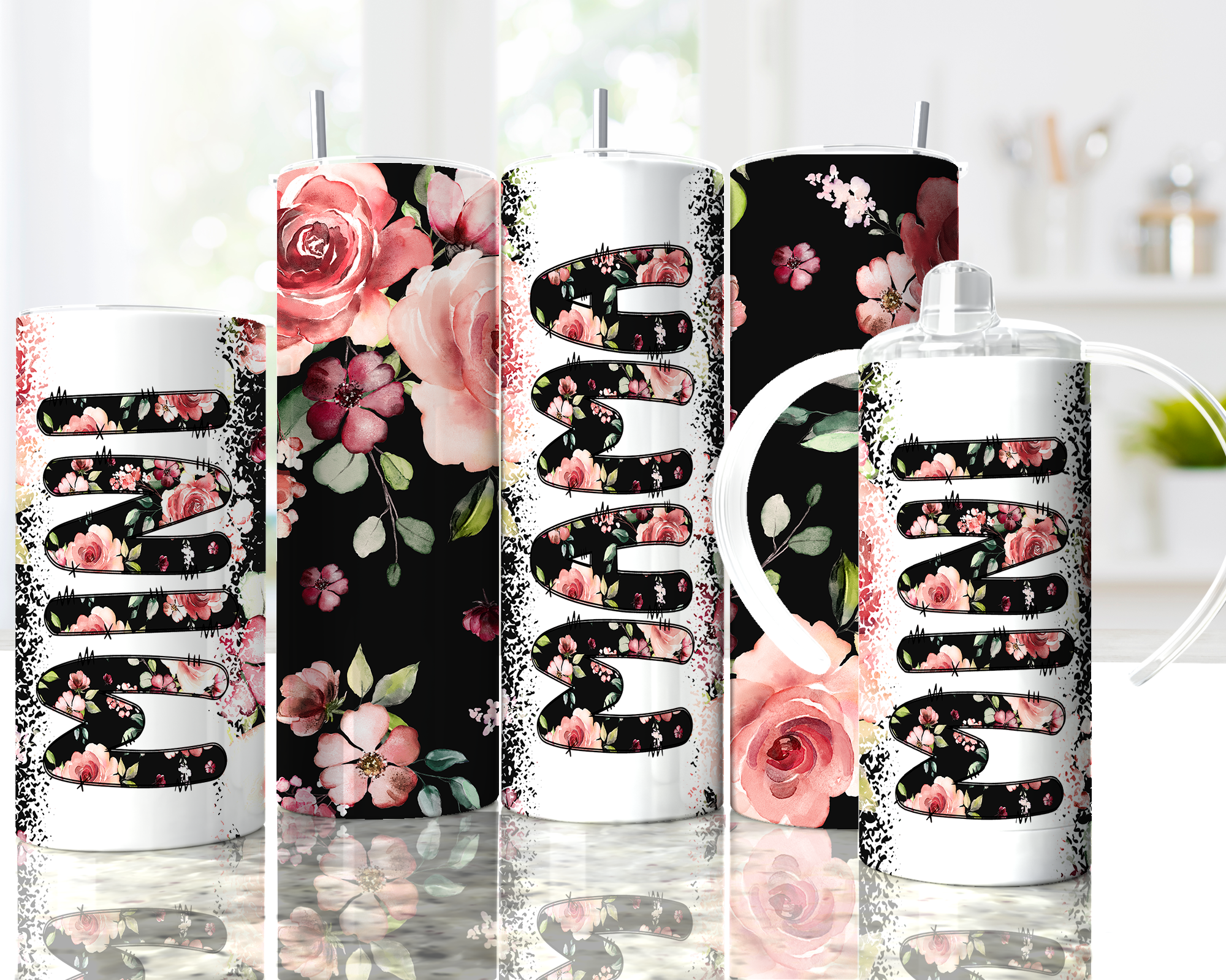 pink flowers with black tumblers MAMA & MINI