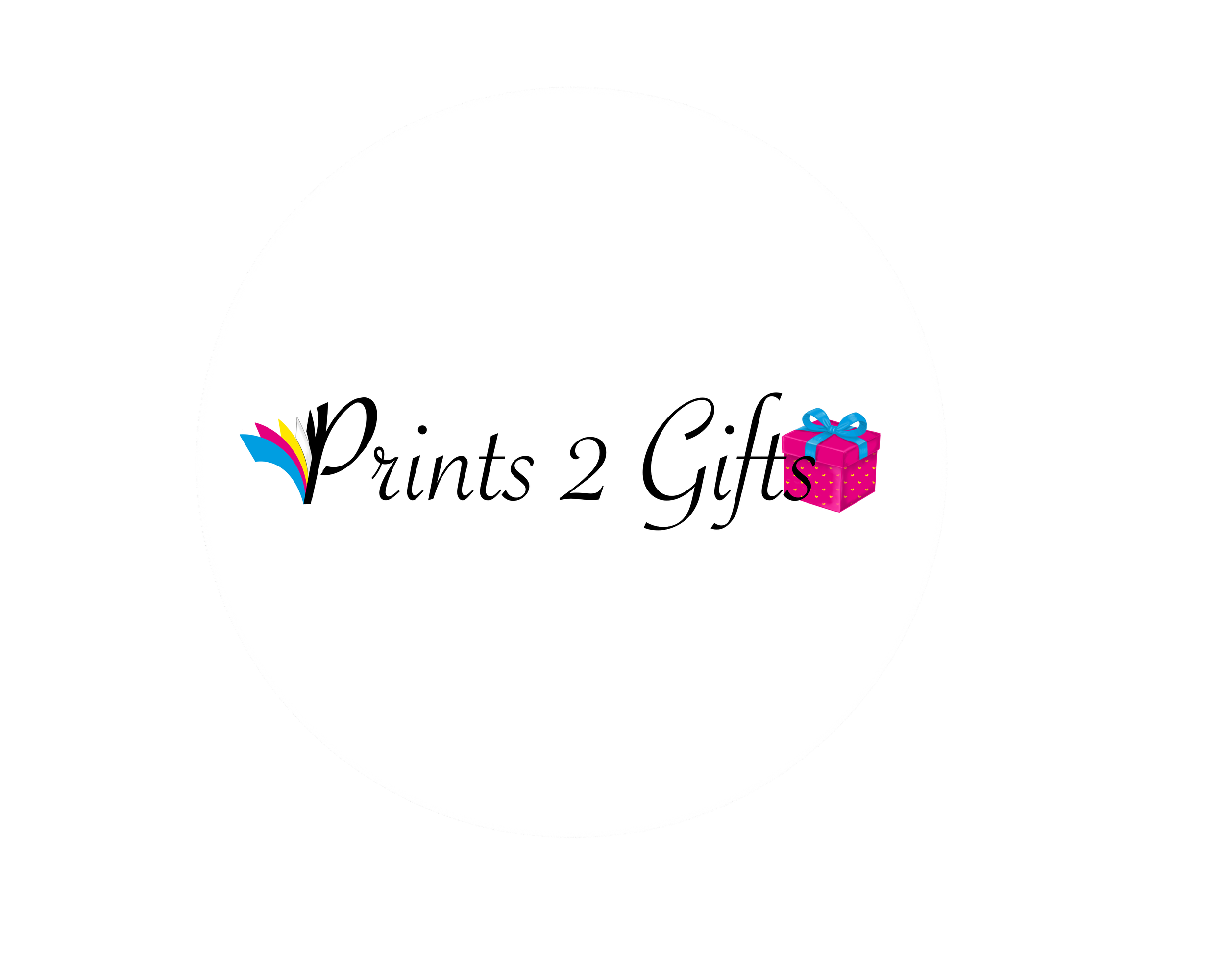 A round white sticker with colorful logo, text "Prints 2 Gfits" and a pink gift box graphic.