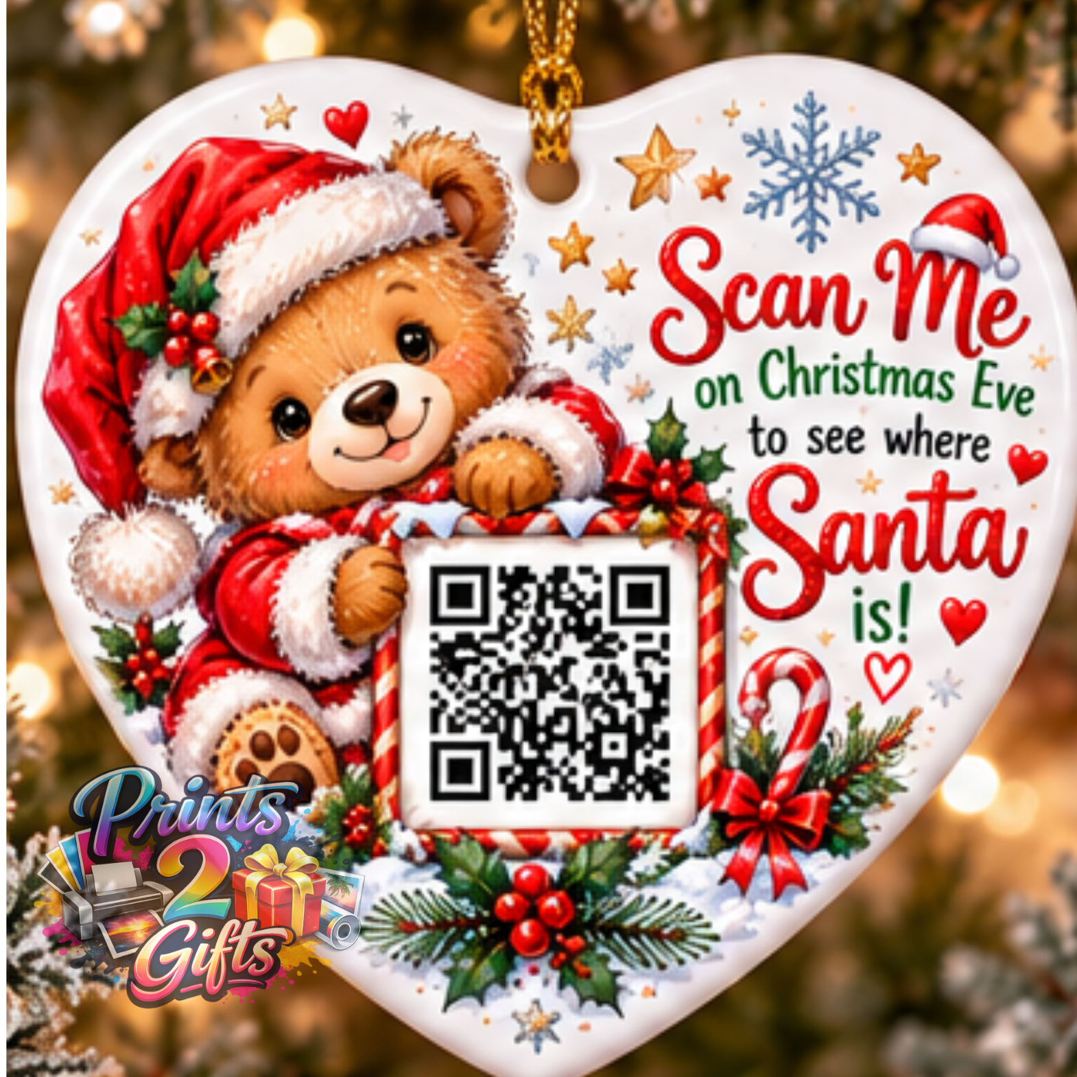 Santa Tracker QR Code Christmas Ornament – Teddy Bear Design 2 | UV DTF Sticker or Ceramic Heart