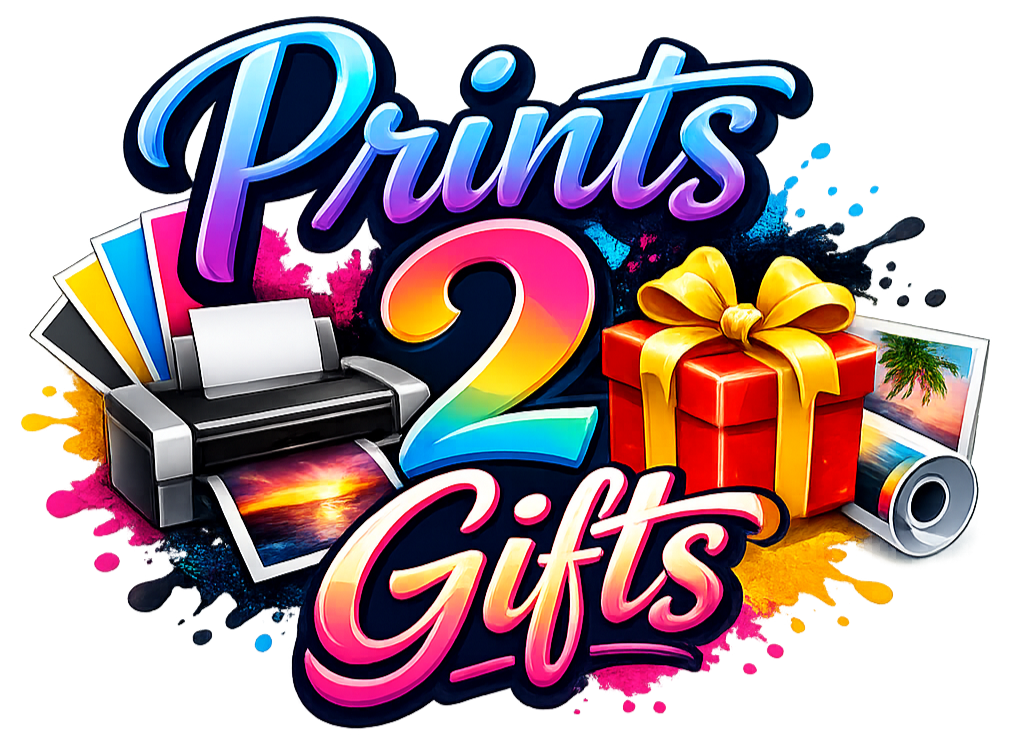 Colorful graphic with the words 'Prints 2 Gifts', a printer with printed photos, a wrapped gift box with a yellow ribbon, and a camera, with paint splashes in the background.