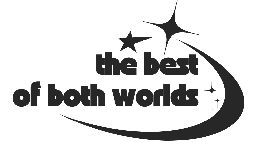 Black text reading 'the best of both worlds' with star and sparkle graphics around it.