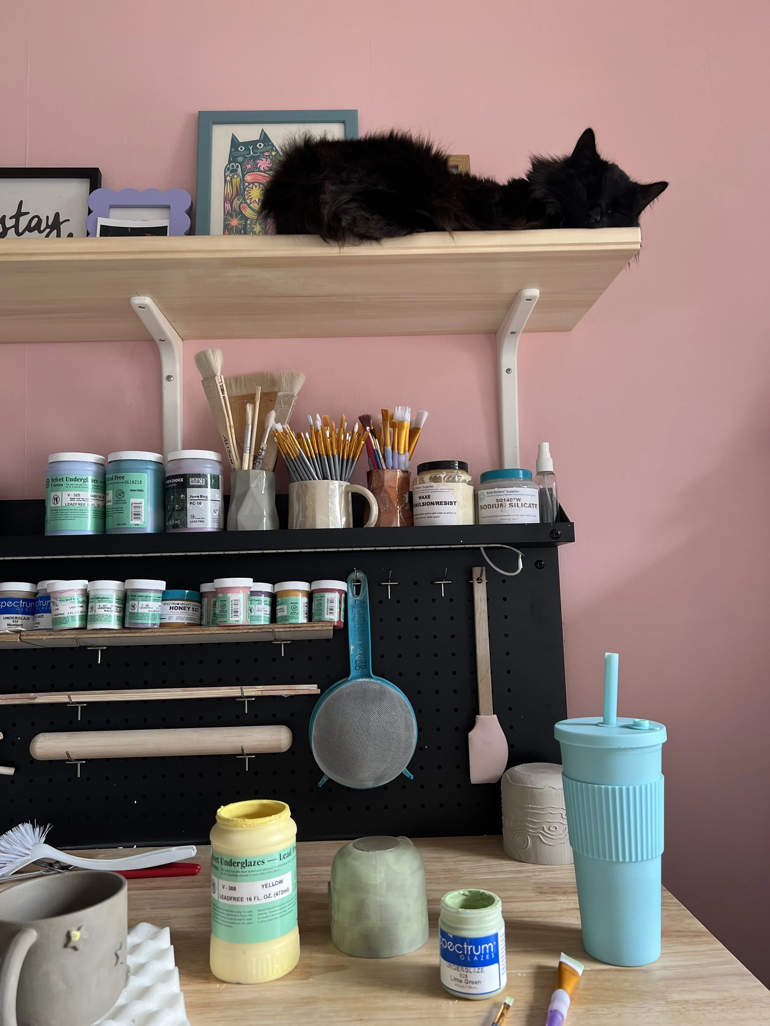 A black cat lying on a wooden shelf against a pink wall, with art frames behind it, and an art workspace with paints, brushes, and art supplies below.