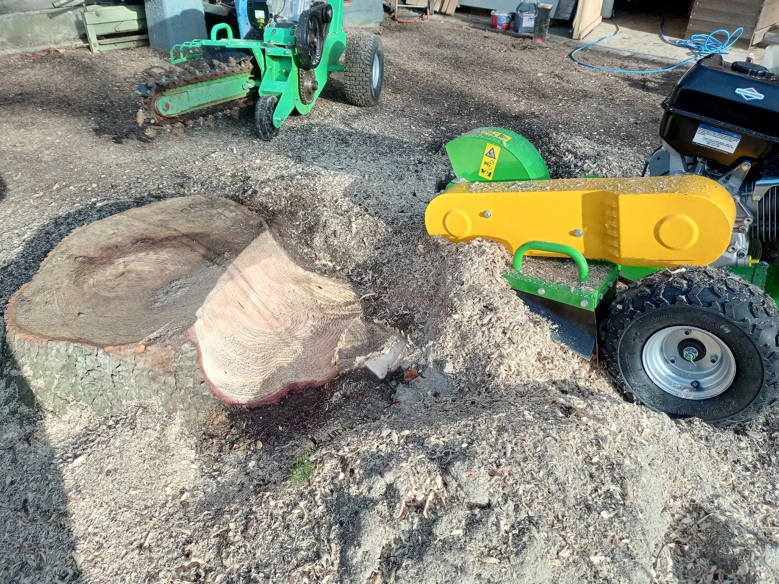 Auf einer Baustelle werden Bäume gefällt, indem sie mit einer motorisierten Kettensäge mit gelber Schutzabdeckung in der Nähe einer Baumstumpf durchgesägt werden. Im Hintergrund sind Werkzeuge und Materialien sichtbar.
