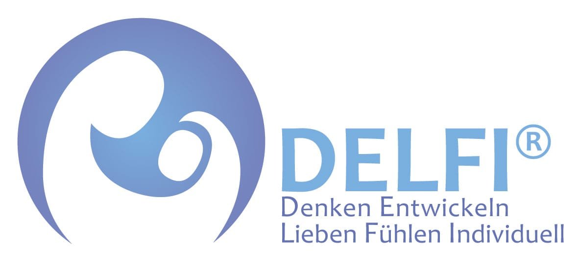 Grafik mit Logo und Text, das den Namen 'DELFİ' zeigt, inklusive Slogan 'Denken Entwickeln Lieben Fühlen Individuell', in Blau- und Lilatönen.