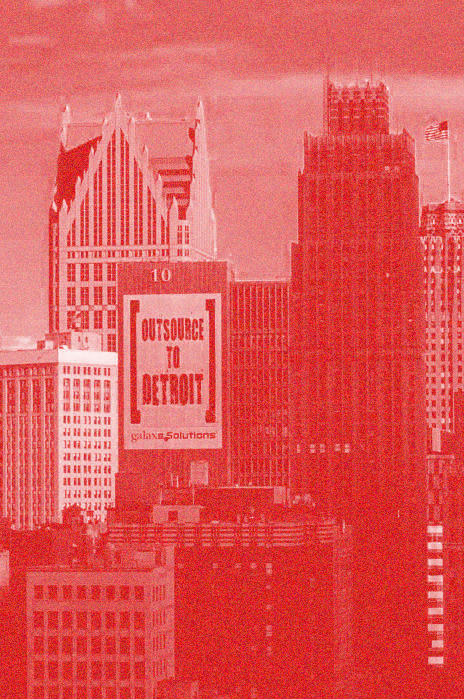 City skyline with tall skyscrapers and a billboard reading "Outsource to Detroit" in a red-tinted filter.