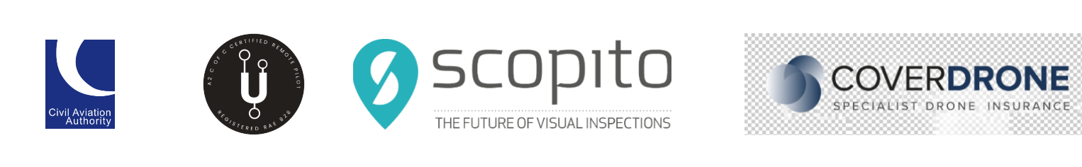 Speedee AerialWorks accreditations and partners - Civil Aviation Authority, UAVHub certified, Coverdrone insured, Scopito inspection software