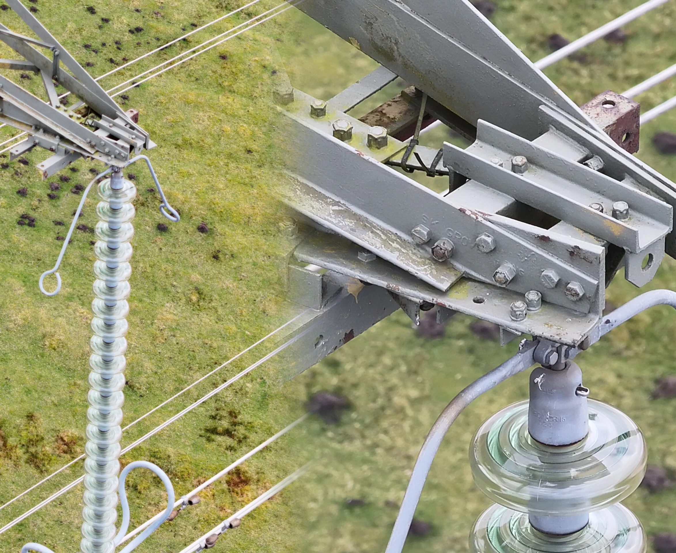 Drone close-up inspection of HV line hardware and insulators in Yorkshire. Speedee AerialWorks captures high-resolution imagery for transmission line condition assessments across the UK.