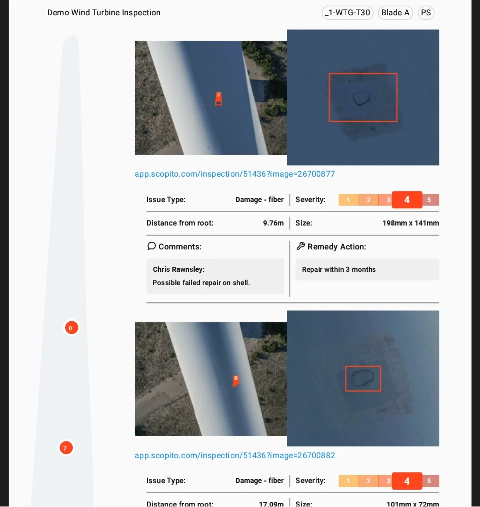 A technical data sheet from a wind turbine inspection detailing item number 9 on "Blade A". The entry documents three large chips with visible laminate damage on the outer layer, categorized under Severity level 4 with a recommended repair window of 