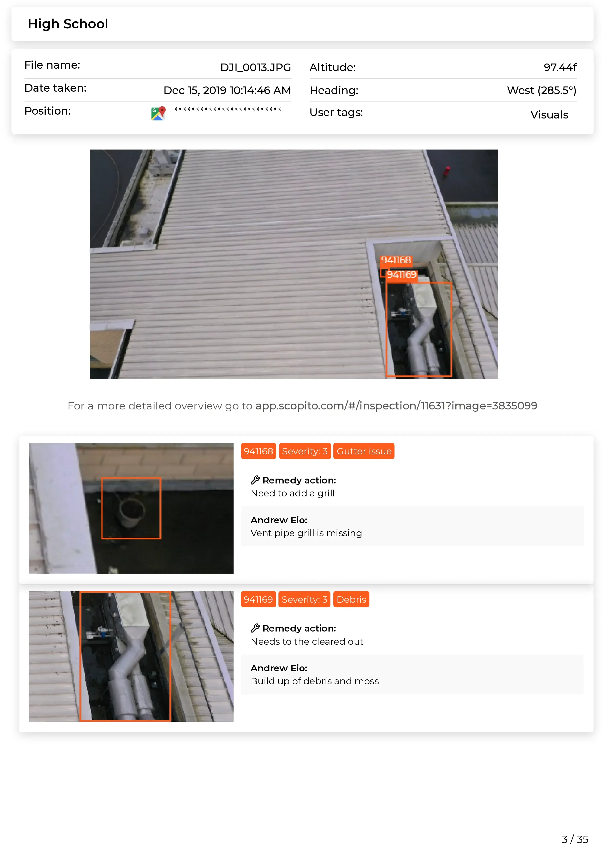 Scopito annotated rooftop inspection image with defect markers Yorkshire