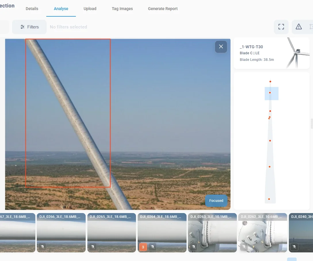 A digital interface of a wind turbine inspection software showcasing "Blade A" of turbine _1-WTG-T30. The primary view features a close-up drone photograph highlighting surface streaks labeled as gel coat damage against a clear blue sky, paired with 