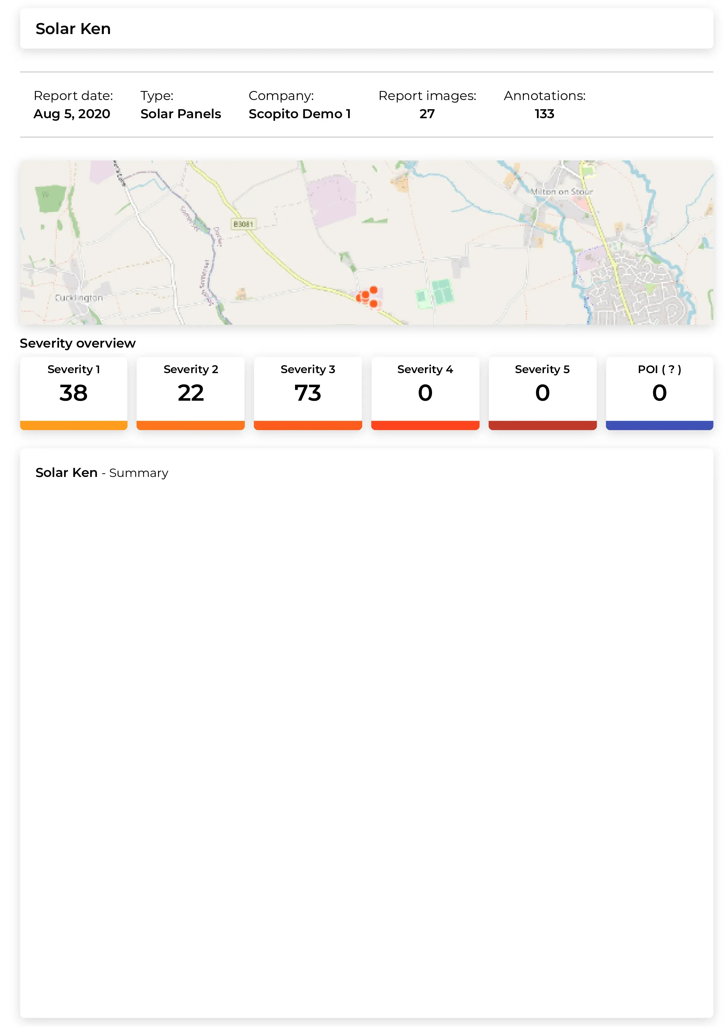 A report overview for Solar Ken with date August 5, 2020, showing solar panel report with 27 images and 133 annotations. A map with red markers indicating locations. Severity levels: 38 at severity 1, 22 at severity 2, 73 at severity 3, and none at s