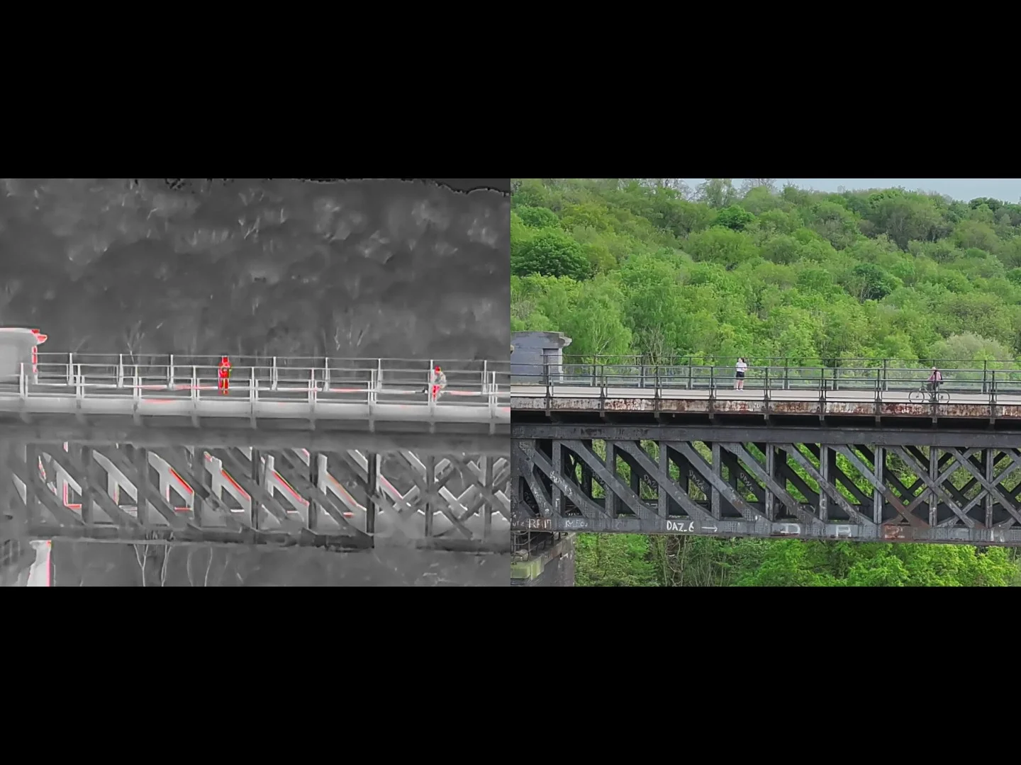 A split-screen comparison of a drone bridge inspection showing a standard RGB visual view on the right and a thermal infrared heat map on the left.
