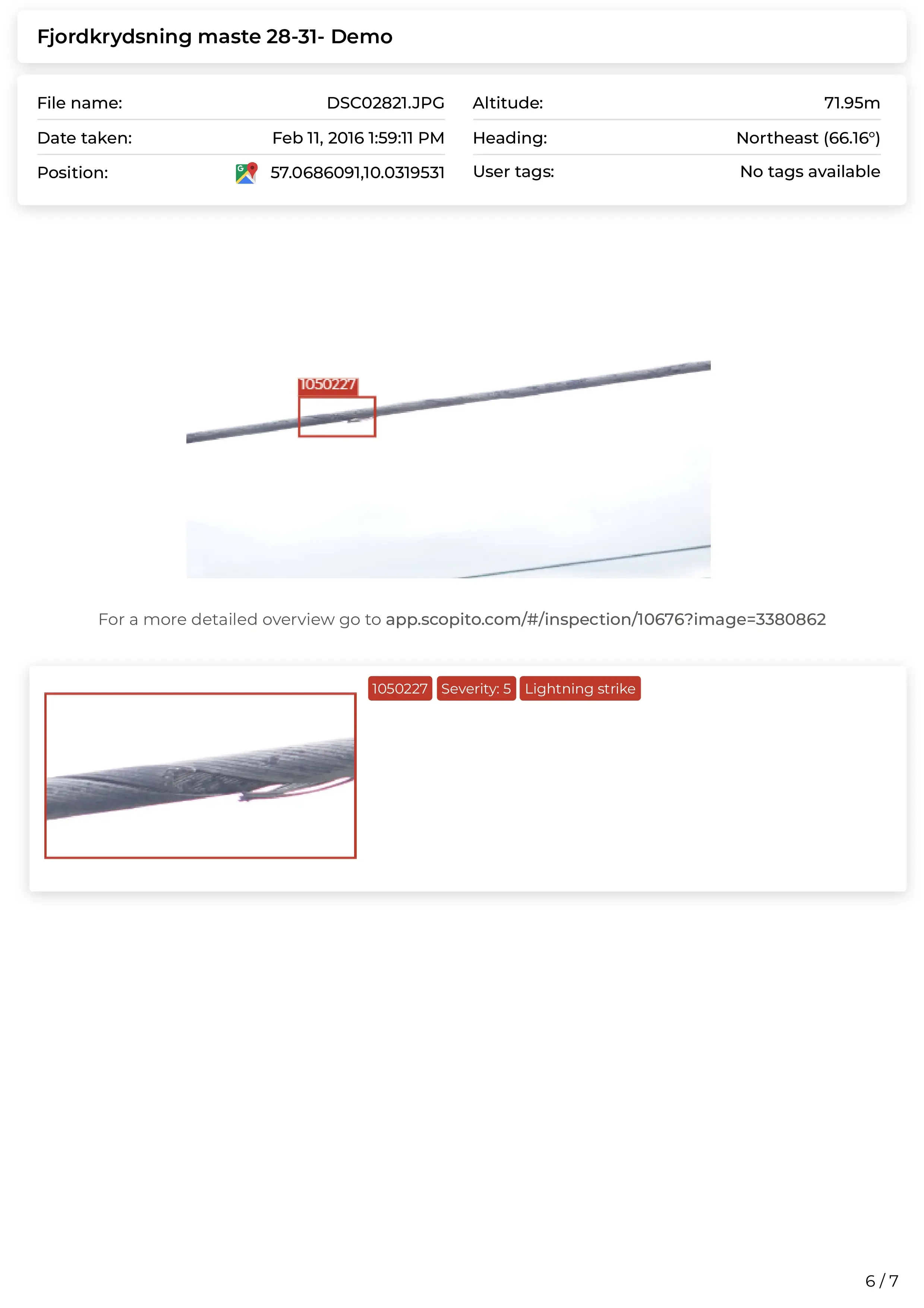 Photograph of a weathered, bent metal pole with a red inspection tag attached, indicating a lightning strike damage, under a cloudy sky.