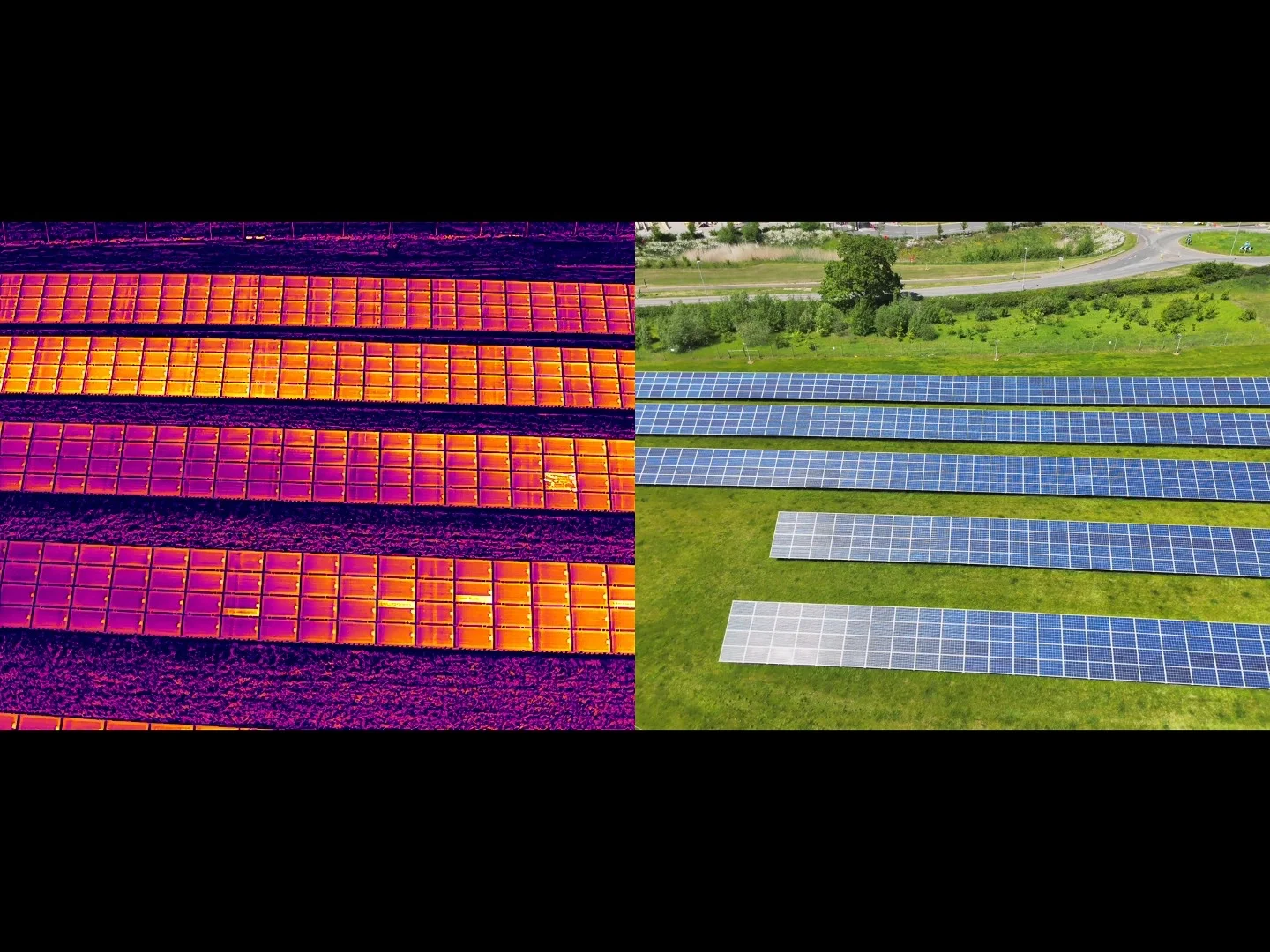 Infrared thermography analysis of solar panels detecting malfunctioning cells.