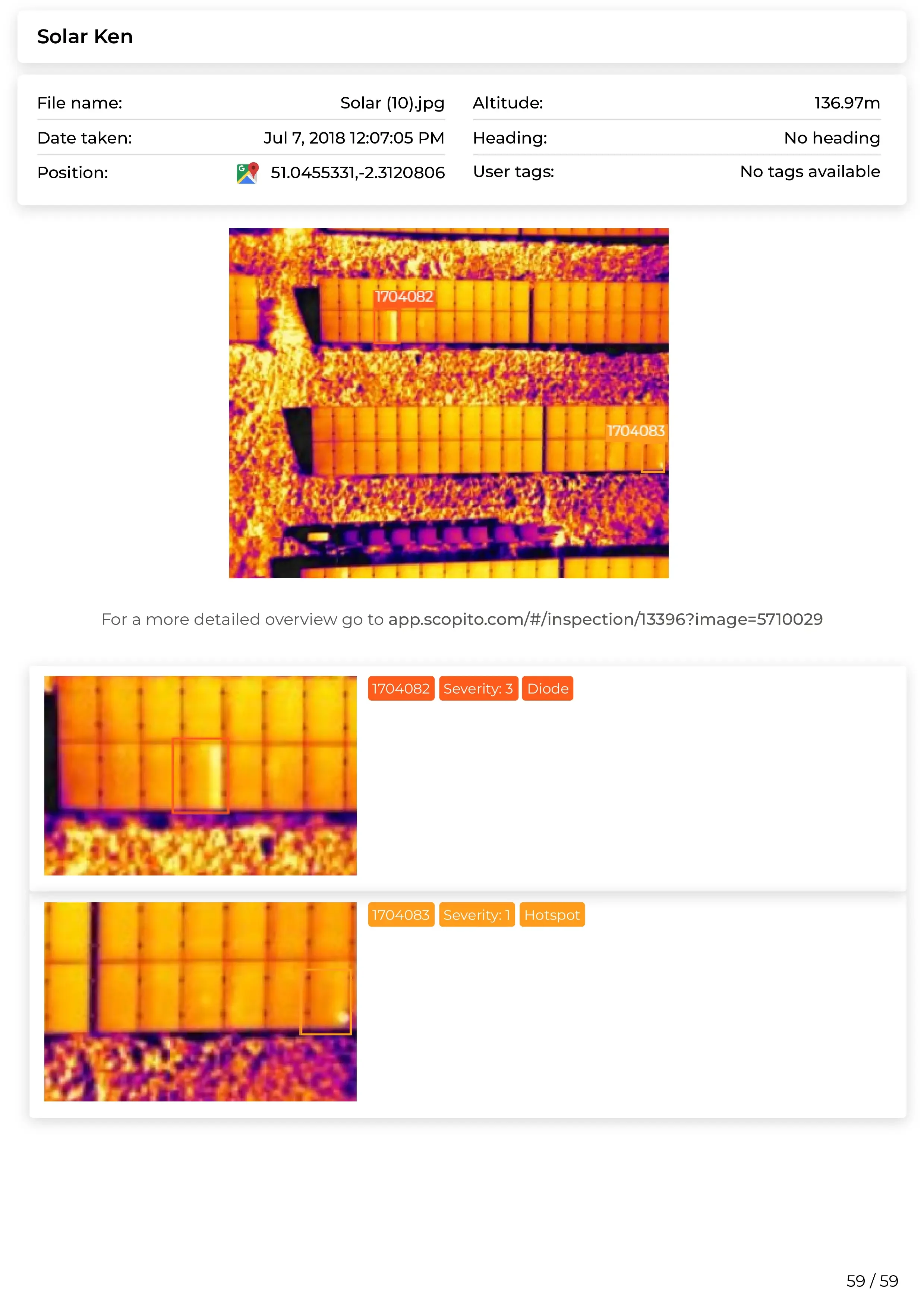 Infrared image of solar panels on a roof, showing temperature variations. The panels are primarily yellow and orange, indicating heat, with some darker purple areas indicating cooler spots.