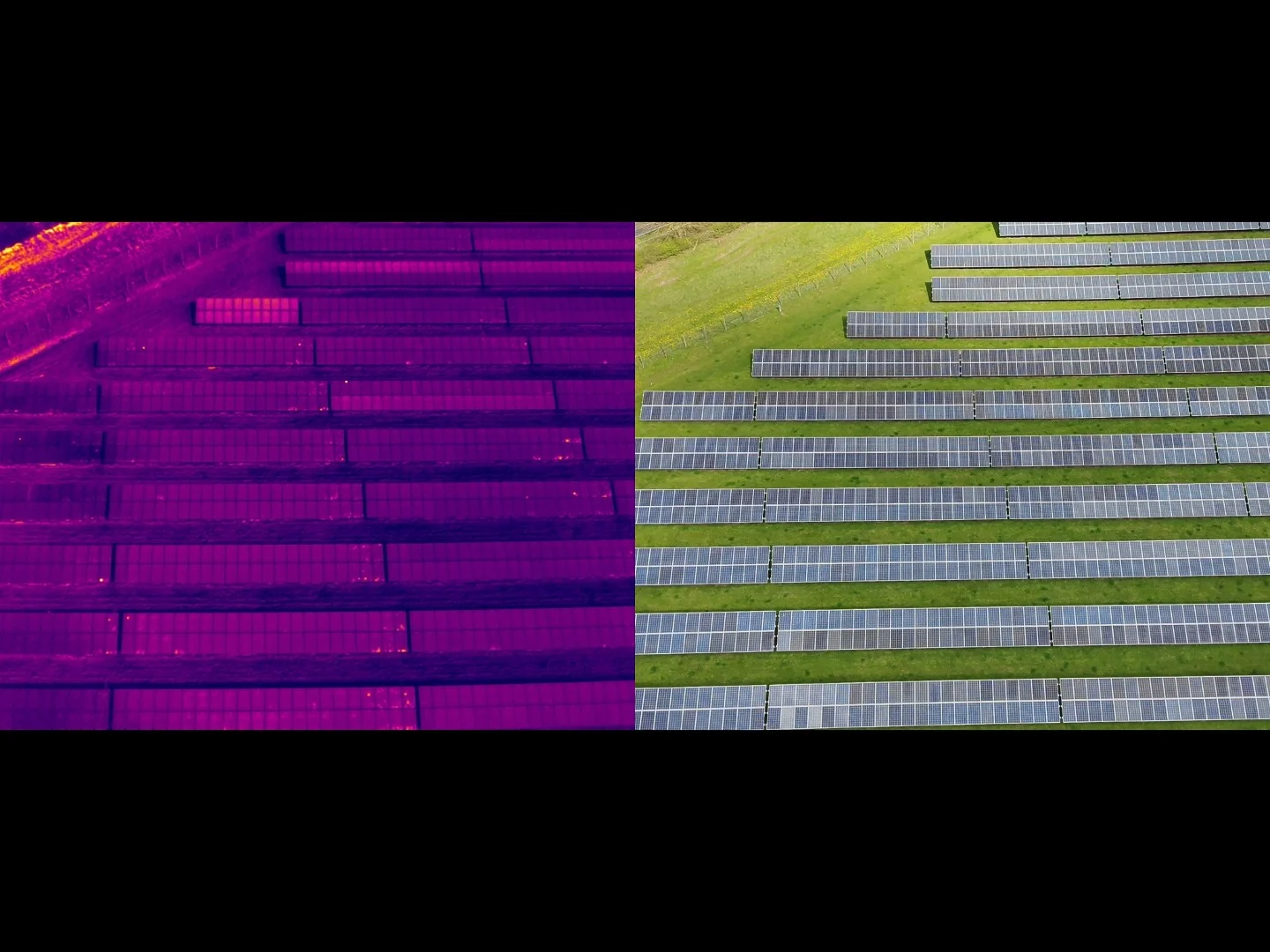 Solar Farm Thermal Split View Drone thermal split view solar farm inspection hot spot detection Yorkshire