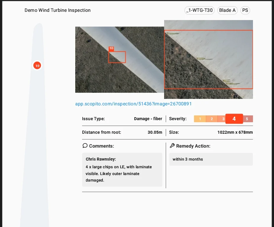 Wind turbine inspection summary report displaying items 11 and 12 on "Blade A". It identifies medium-risk gel coat chips and gel coat damage categorized as Severity 3, requiring remedial repair actions within 6 months.