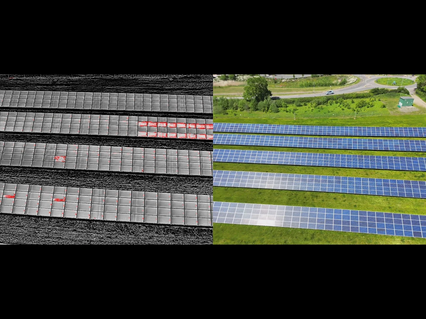Solar farm thermal inspection overlay showing highlighted panel defects.