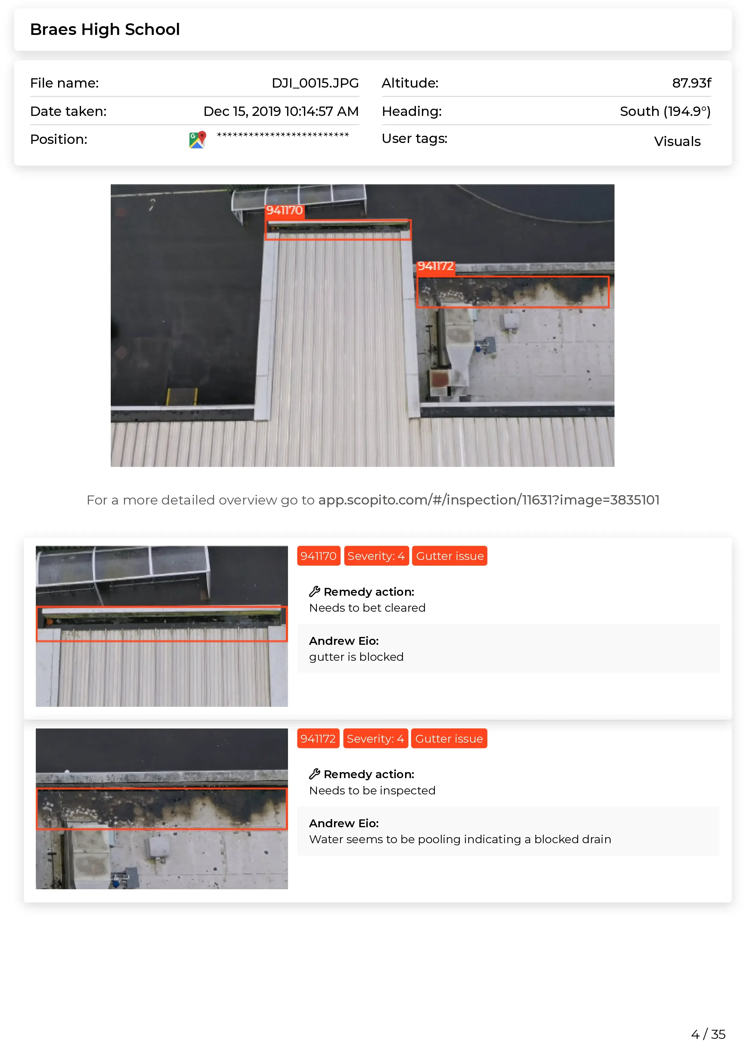 Scopito drone inspection report annotated structural defect Bradford