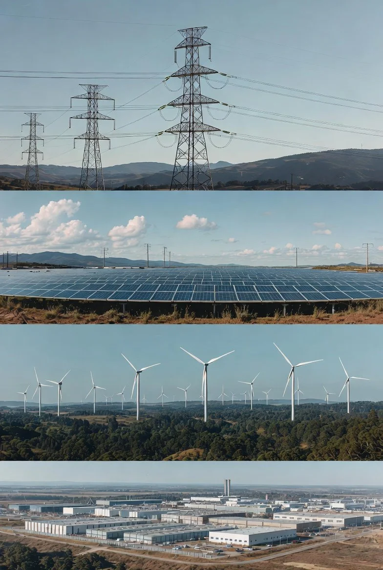 Aerial inspection services for energy and industrial infrastructure, including HV towers, solar farms, wind turbines and night‑time thermal surveillance