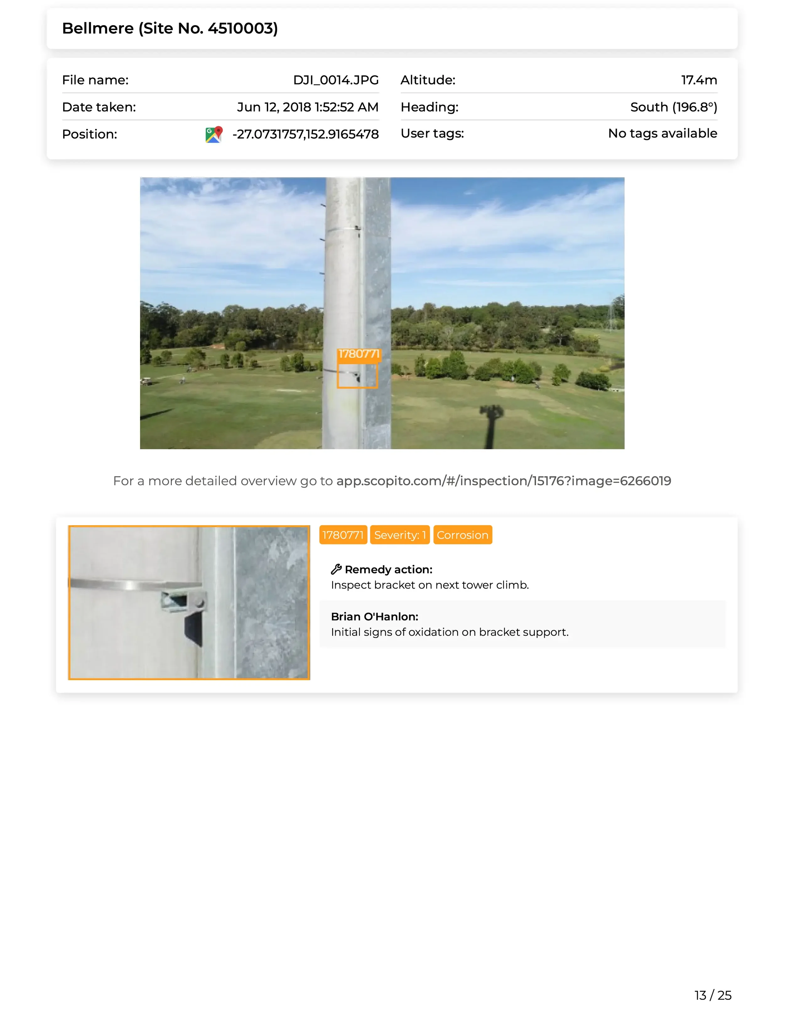 Scopito drone survey report annotated close-up defect West Yorkshire