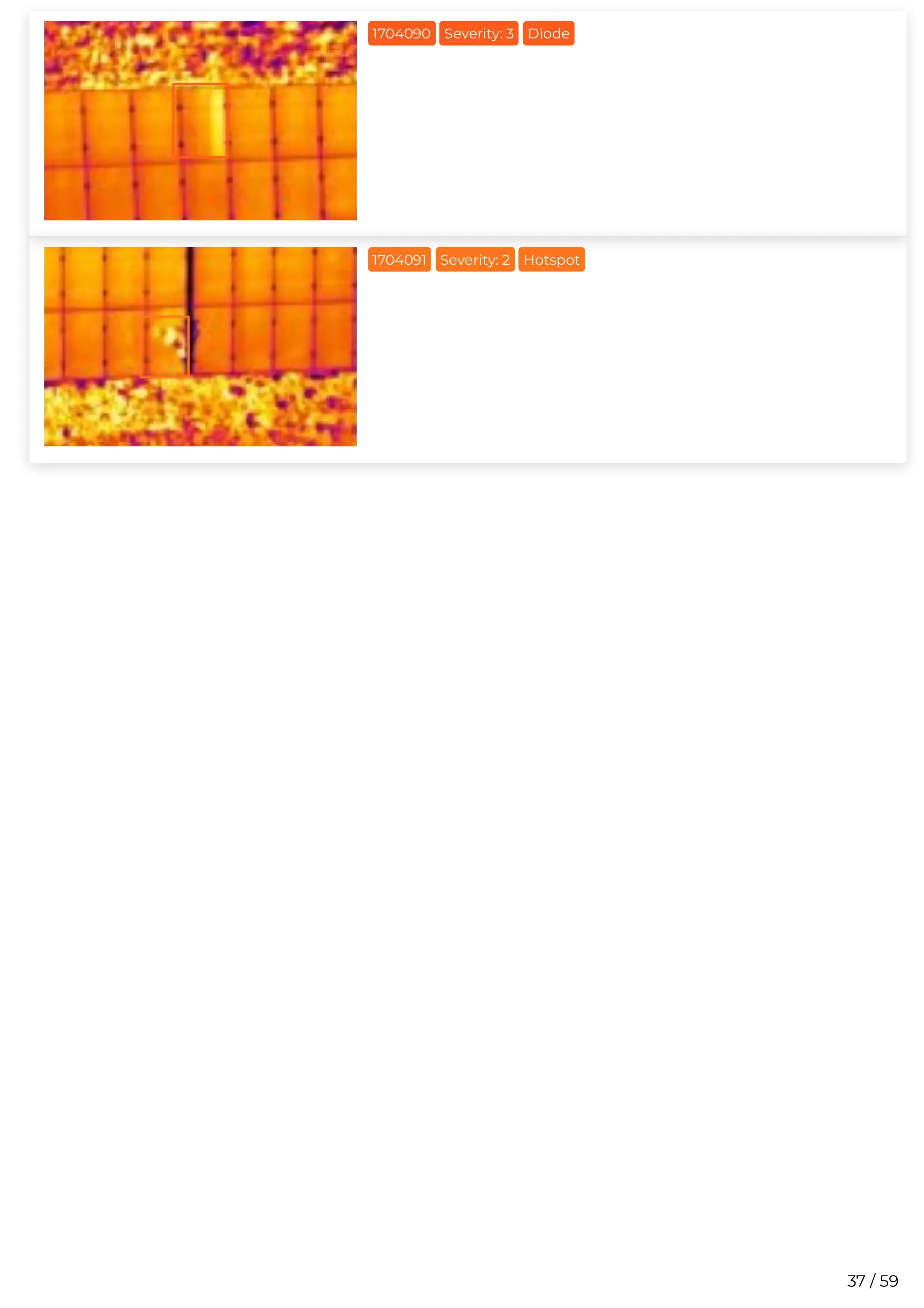 Thermal images of solar panels showing temperature variations, indicating possible hot spots and diode issues.