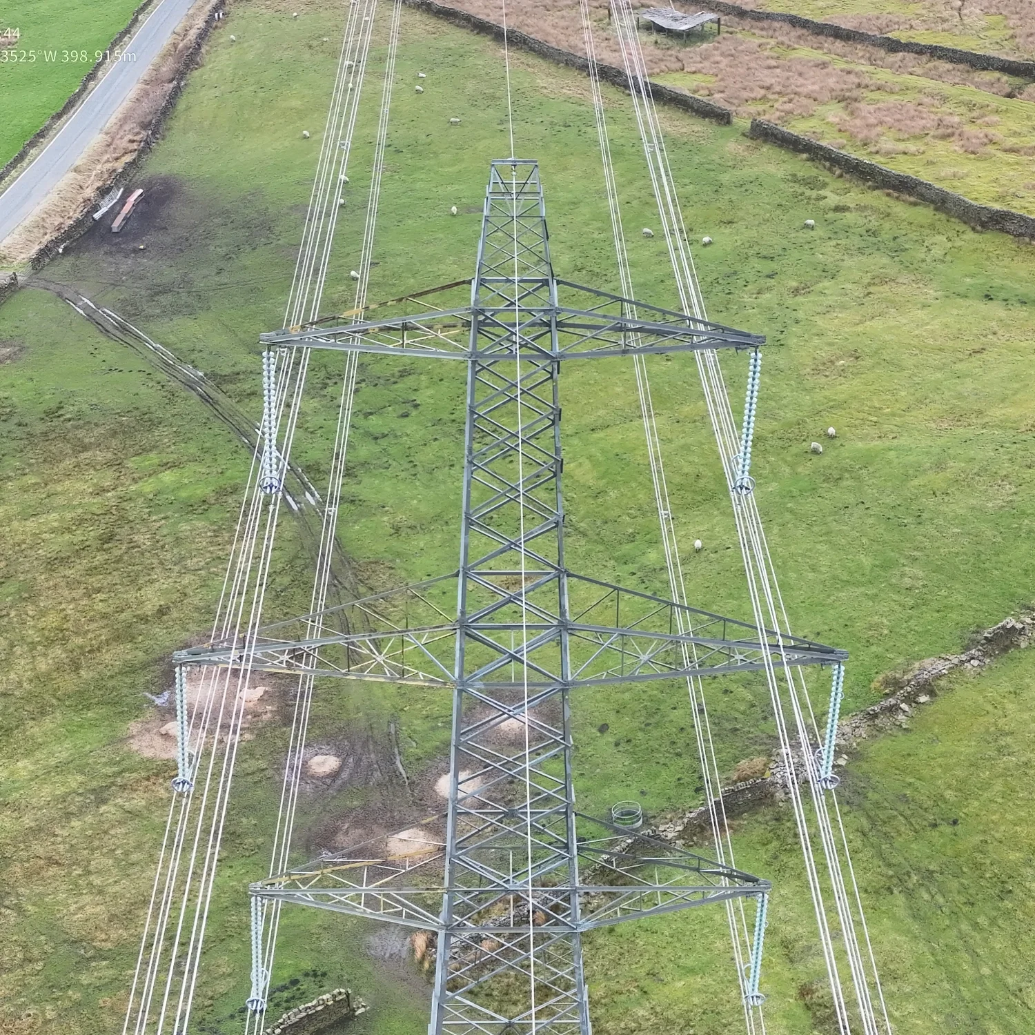 Aerial drone survey of high-voltage powerline towers in Yorkshire. Speedee AerialWorks delivers fast, safe, and detailed HV powerline inspections without the need for line outages