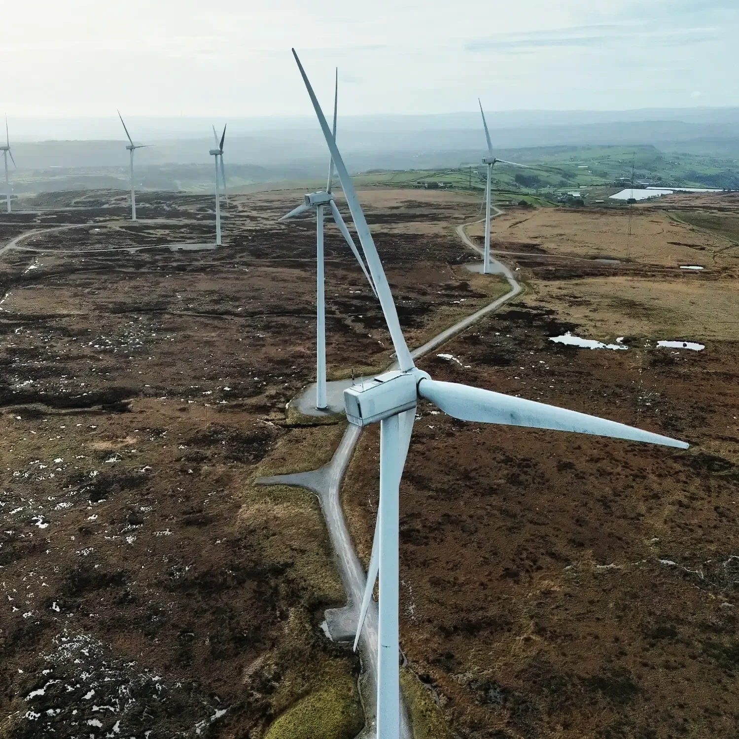 Drone inspection of wind turbines in Yorkshire by Speedee AerialWorks. Aerial surveys detecting blade damage, surface cracks and structural faults on wind energy assets across the Yorkshire region.