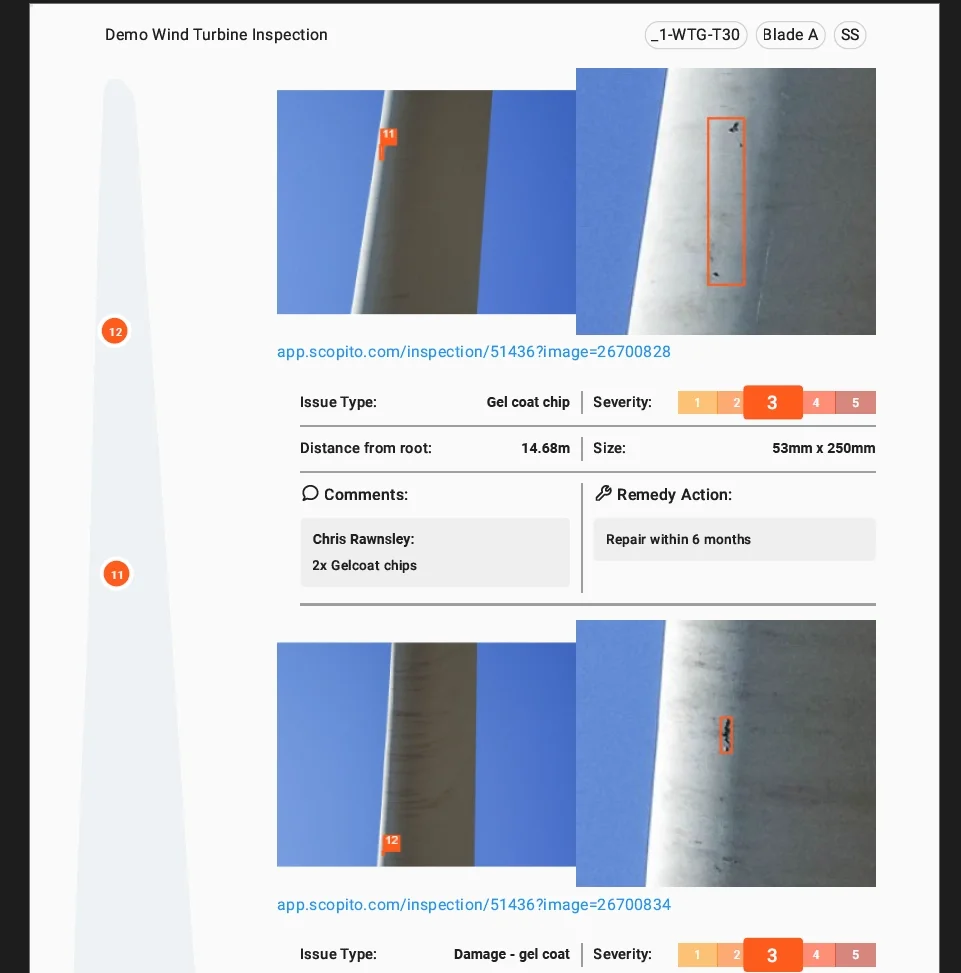 An analysis dashboard view of a drone inspection field shot, capturing a wind turbine blade extending diagonally across the frame. The background shows a vast rural landscape under a clear sky, used for tracking and spatial mapping of "Blade C" on mo