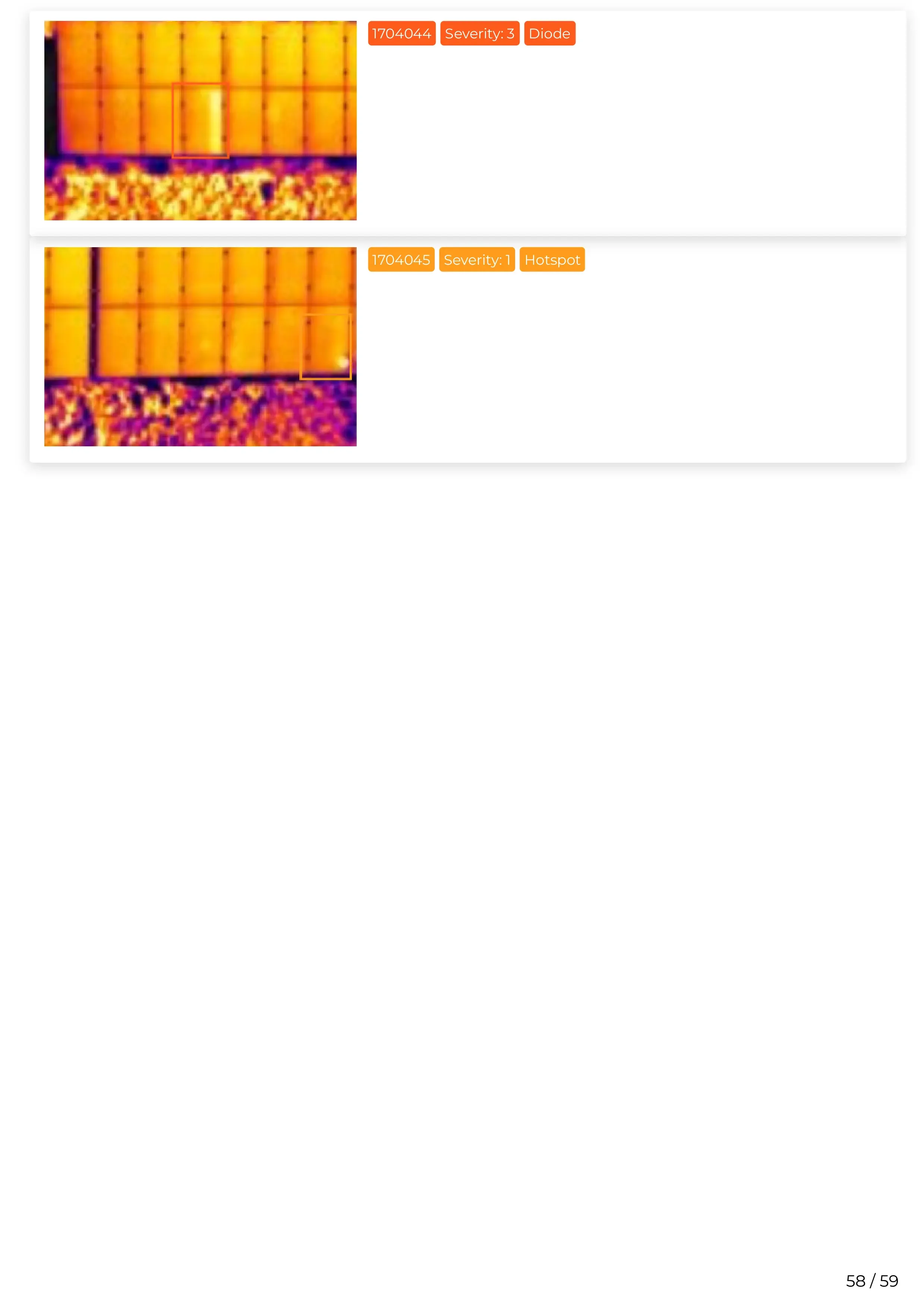 Infrared thermal images of solar panels with labels indicating a diode with severity 3 and a hotspot with severity 1.