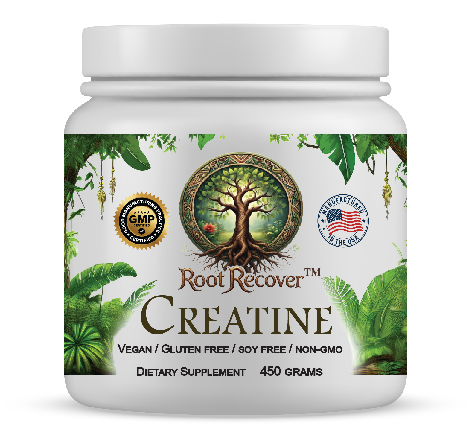 Label of a dietary supplement bottle for creatine with a green leafy jungle background, a central tree logo, and certifications including GMP and Made in USA.
