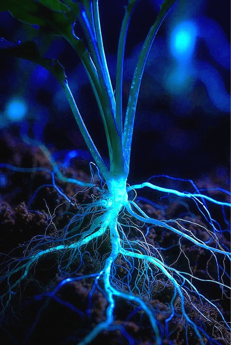 Close-up of a plant or seedling with visible roots illuminated by blue light in dark soil.
