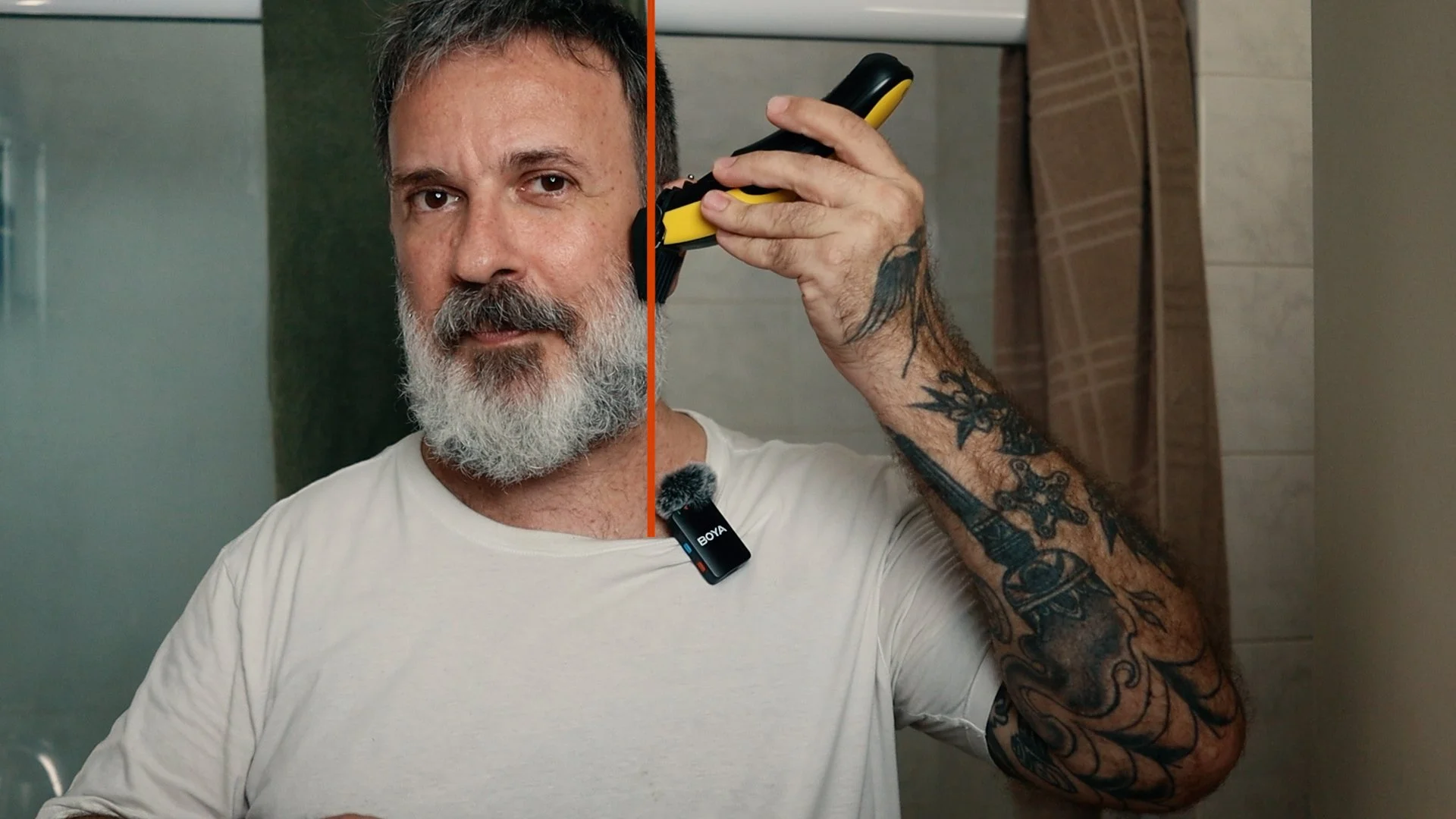 homem demonstrando o posicionamento da máquina de aparar rente ao rosto com o movimento em linha reta para baixo