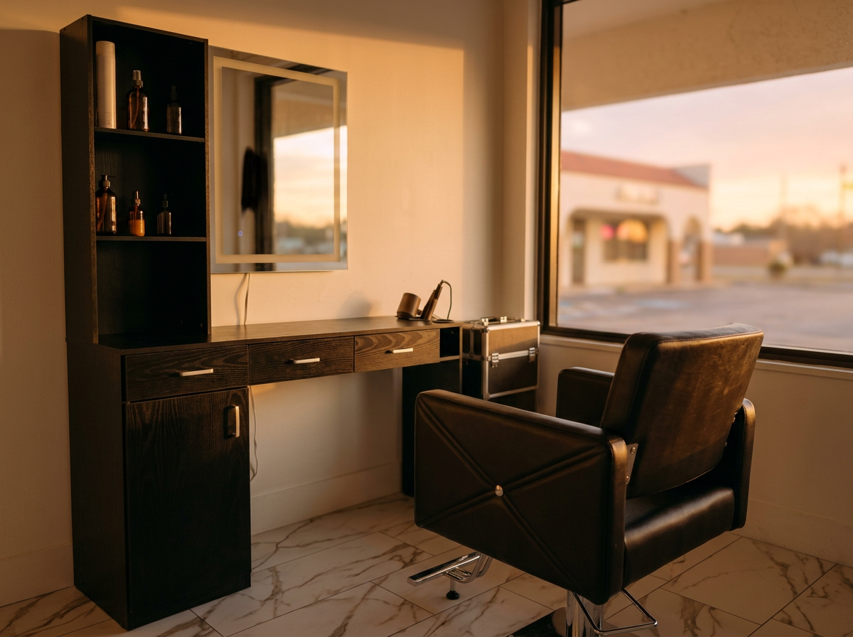 A hair salon chair facing a window in a salon or spa, with a dark wooden counter with drawers and a mirror, and a small shelf with bottles on it. The sunlight casts a warm glow through the window, illuminating the space.