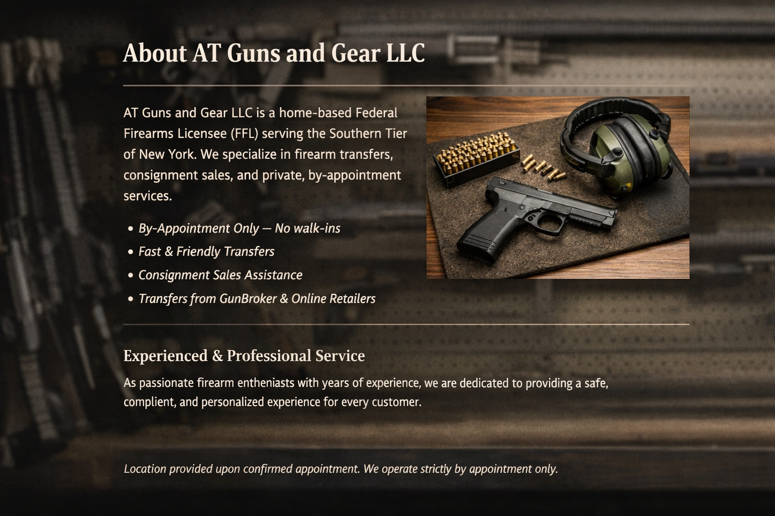 A website page for AT Guns and Gear LLC, showing a photo of a handgun, bullets, and hearing protection gear on a mat. The page details services such as firearm transfers, consignment sales, and private services, emphasizing appointment-only visits and professional service.