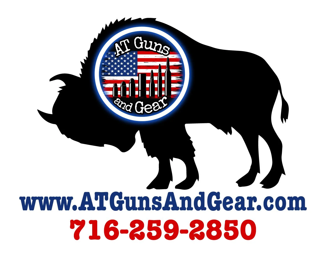 Silhouette of a bison with a logo on its side reading "AT Guns and Gear" featuring the American flag and shooting targets. Below the silhouette are the website URL and phone number in red and blue text.
