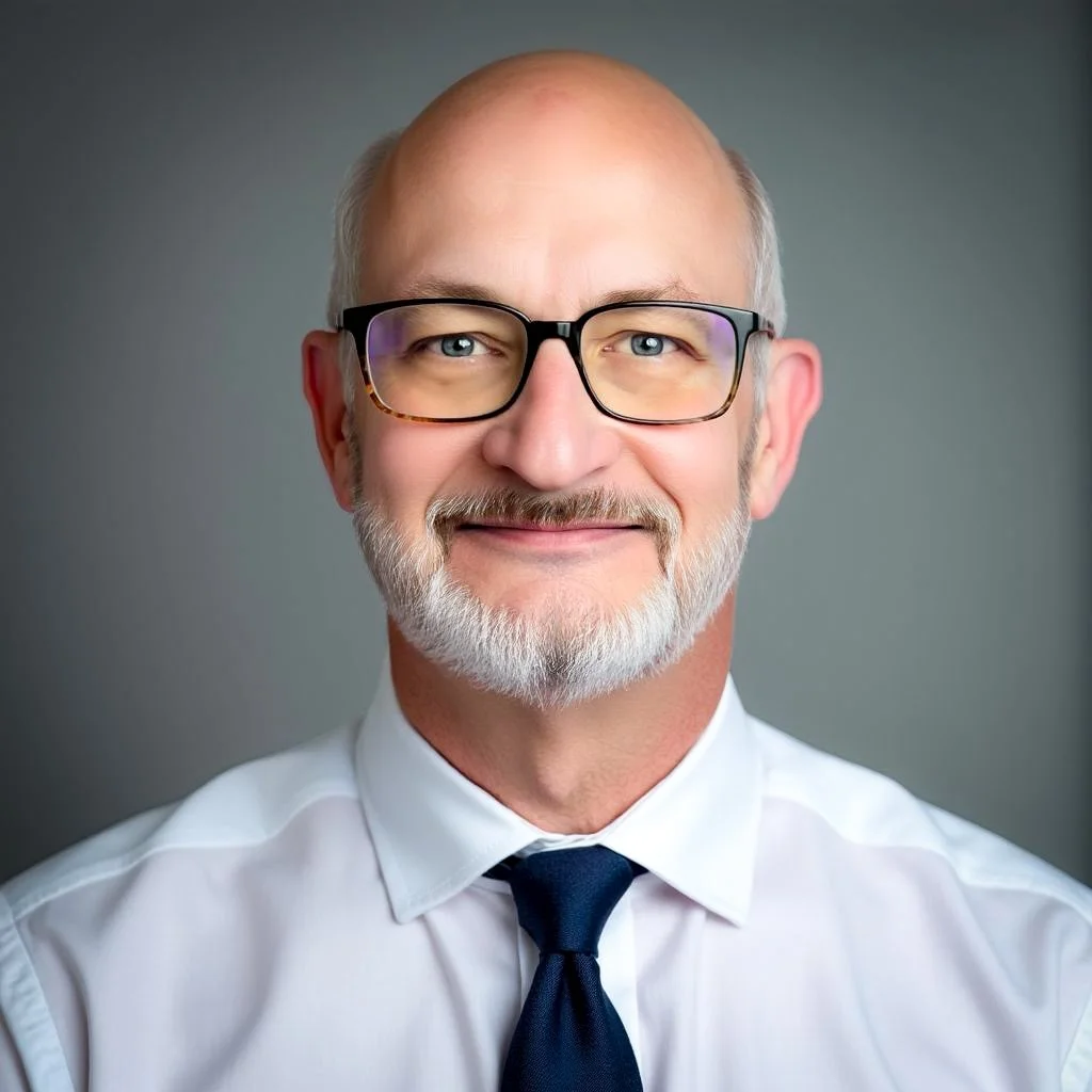 A middle-aged man with glasses, a white beard and mustache, wearing a white shirt and a dark tie, smiling against a gray background.