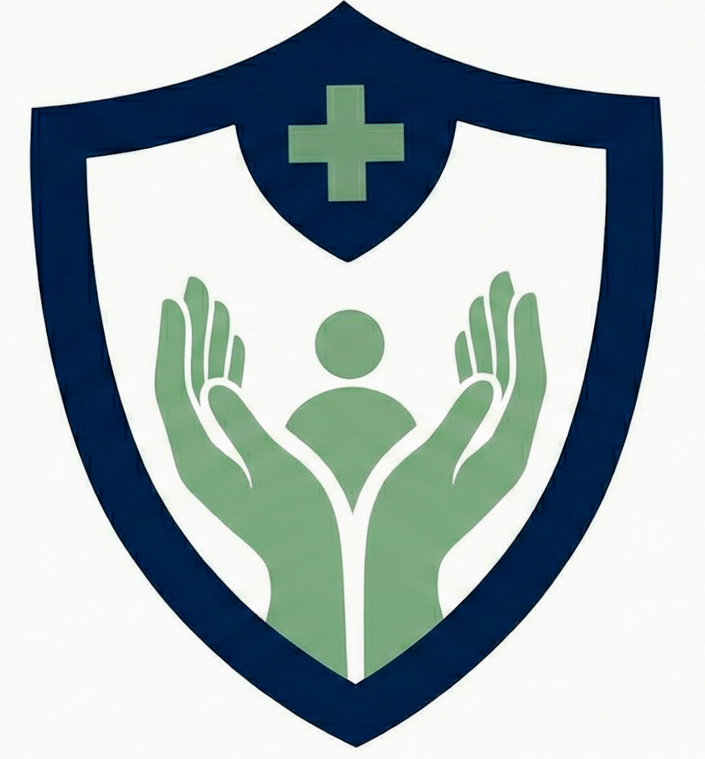 A shield emblem with green hands holding a human figure and a green cross at the top.