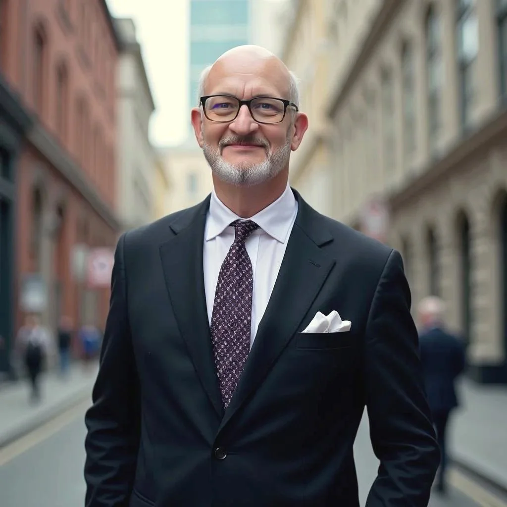A middle-aged man with glasses, a white beard, and a smile, wearing a dark suit, white shirt, and patterned tie, standing on a city street with historic buildings in the background.