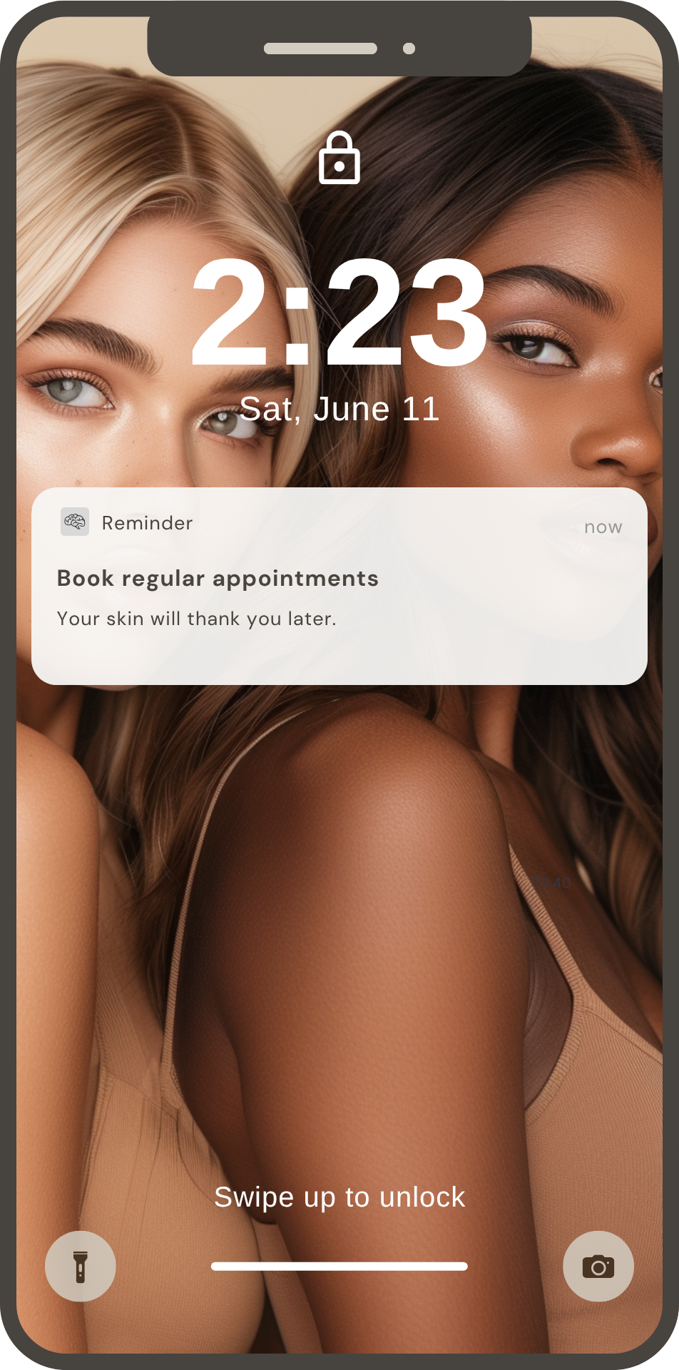 A smartphone lock screen showing the time 2:23 and date Saturday, June 11. The background features a photo of two women with different skin tones and hair colors. A notification for booking a regular appointment with a note that says "Your skin will thank you later." The screen prompts to swipe up to unlock.